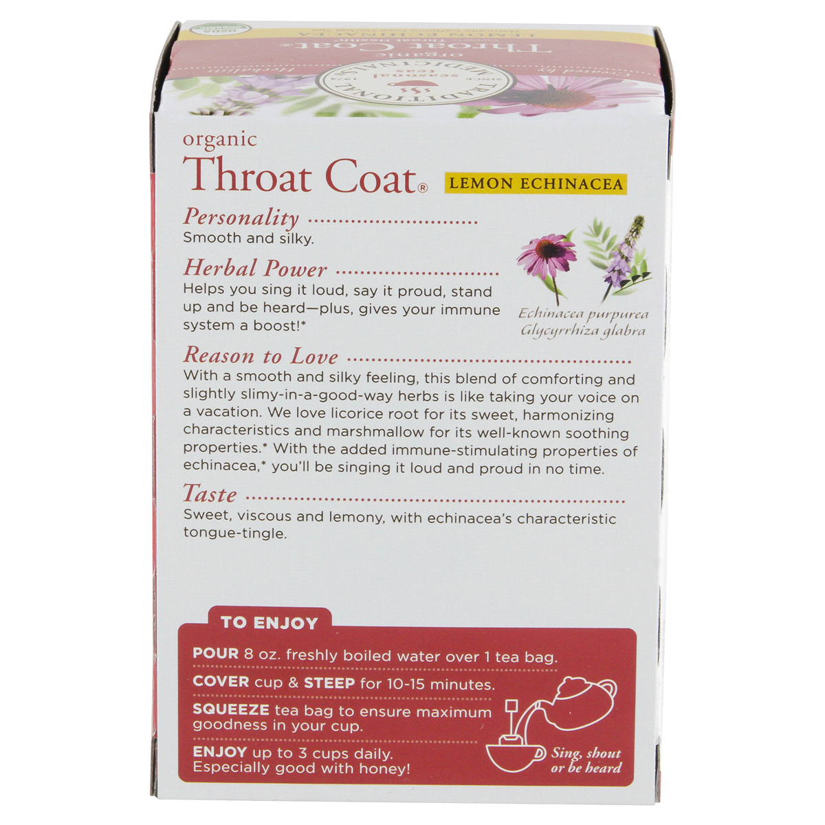 slide 17 of 93, Traditional Medicinals Organic Throat Coat Lemon Echinacea, Caffeine Free Herbal Tea, 16 ct