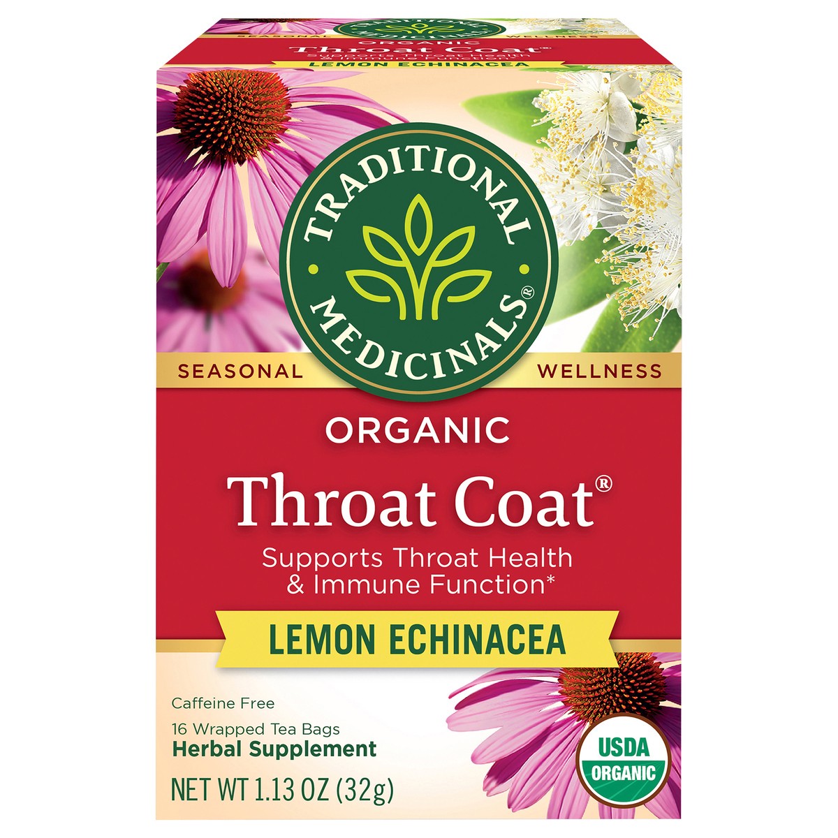 slide 1 of 93, Traditional Medicinals Organic Throat Coat Lemon Echinacea, Caffeine Free Herbal Tea, 16 ct