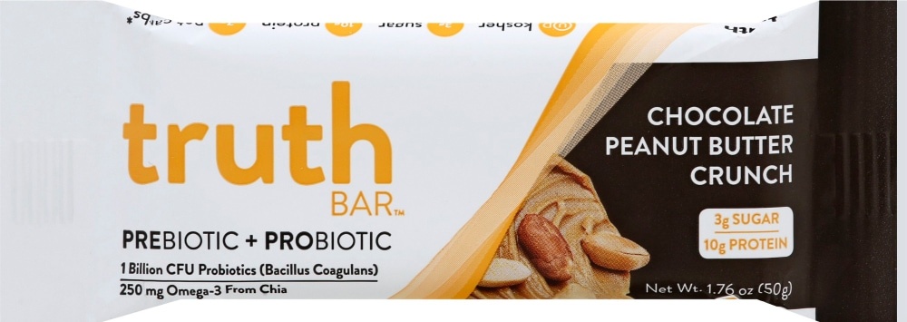 slide 1 of 1, Truth Bar Chocolate Peanut Butter Crunch Prebiotic + Probiotic Bar, 1.76 oz