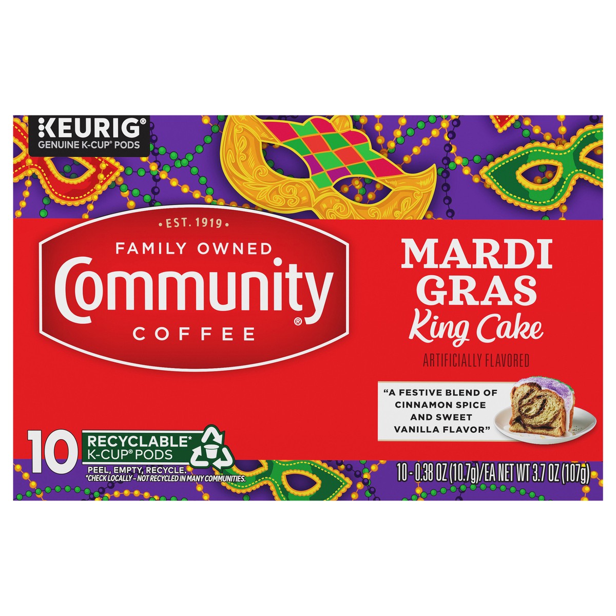 slide 1 of 12, Community Coffee Mardi Gras King Cake Medium Roast Keurig K-Cup Pods 10 ct Box, 10 ct