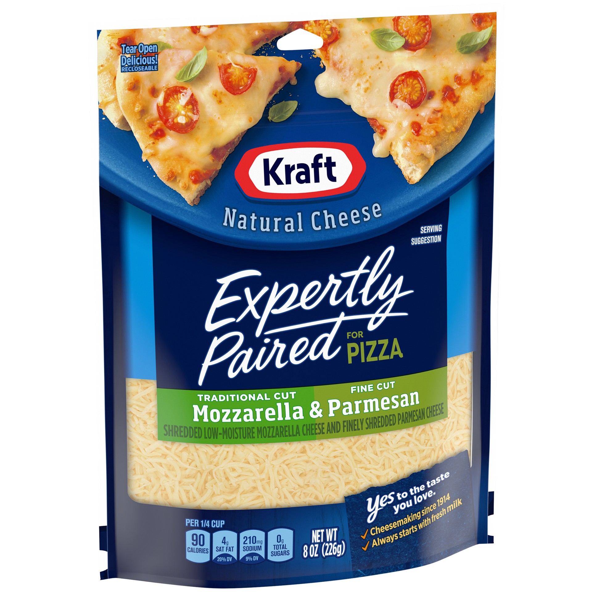 slide 2 of 16, Kraft Deliciously Paired Mozzarella & Parmesan Shredded Cheese for Pizza, 8 oz Bag, 8 oz