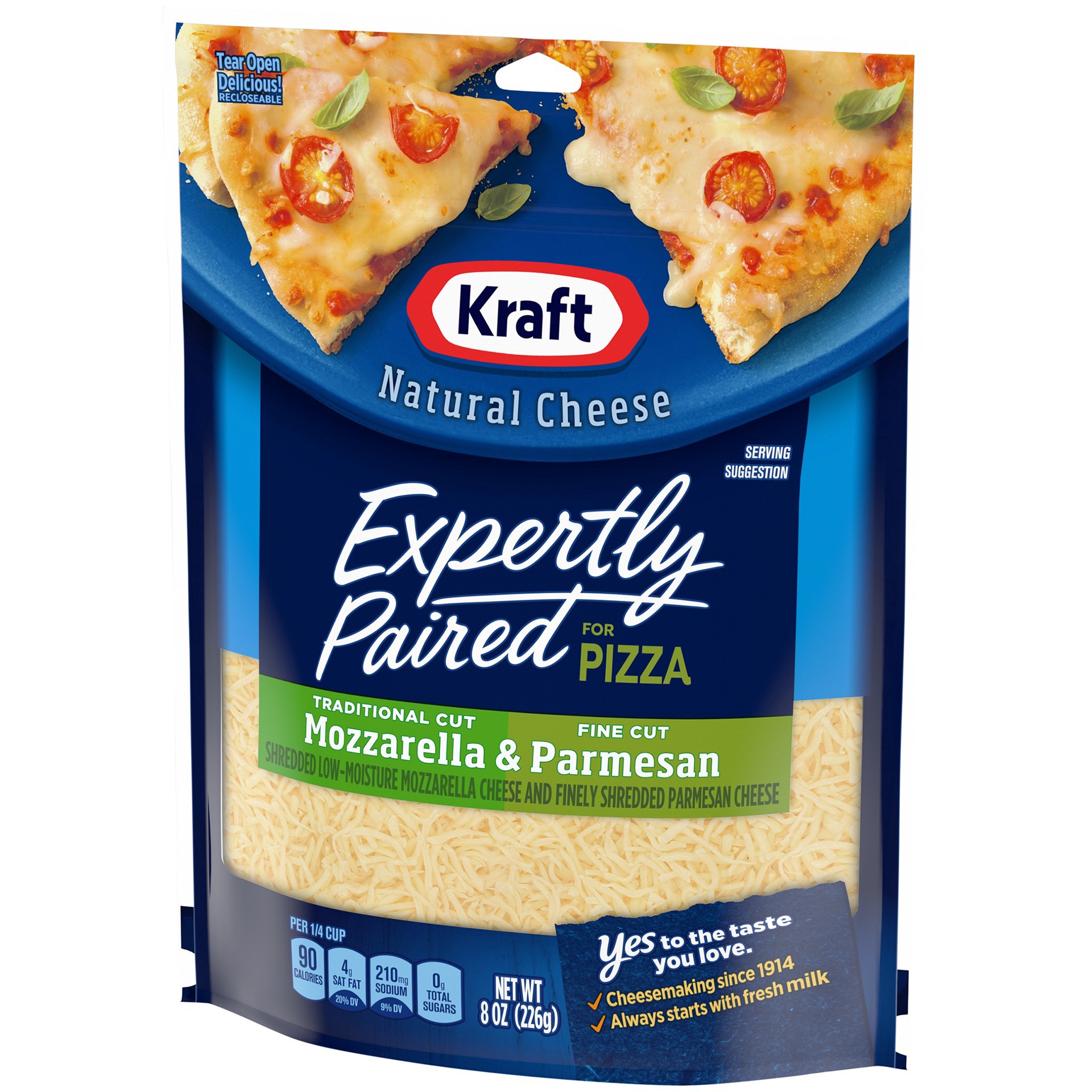 slide 13 of 16, Kraft Deliciously Paired Mozzarella & Parmesan Shredded Cheese for Pizza, 8 oz Bag, 8 oz