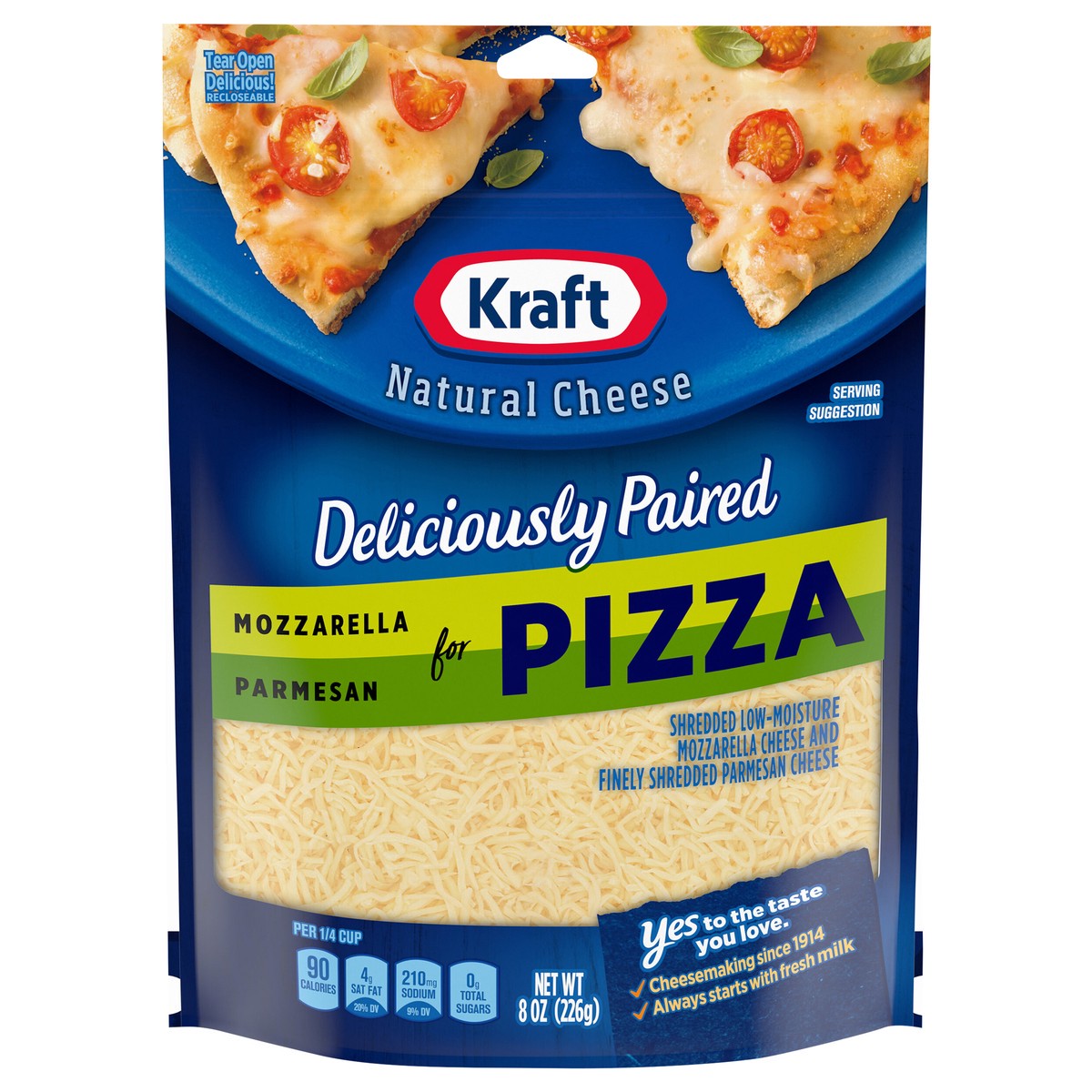 slide 1 of 16, Kraft Deliciously Paired Mozzarella & Parmesan Shredded Cheese for Pizza, 8 oz Bag, 8 oz