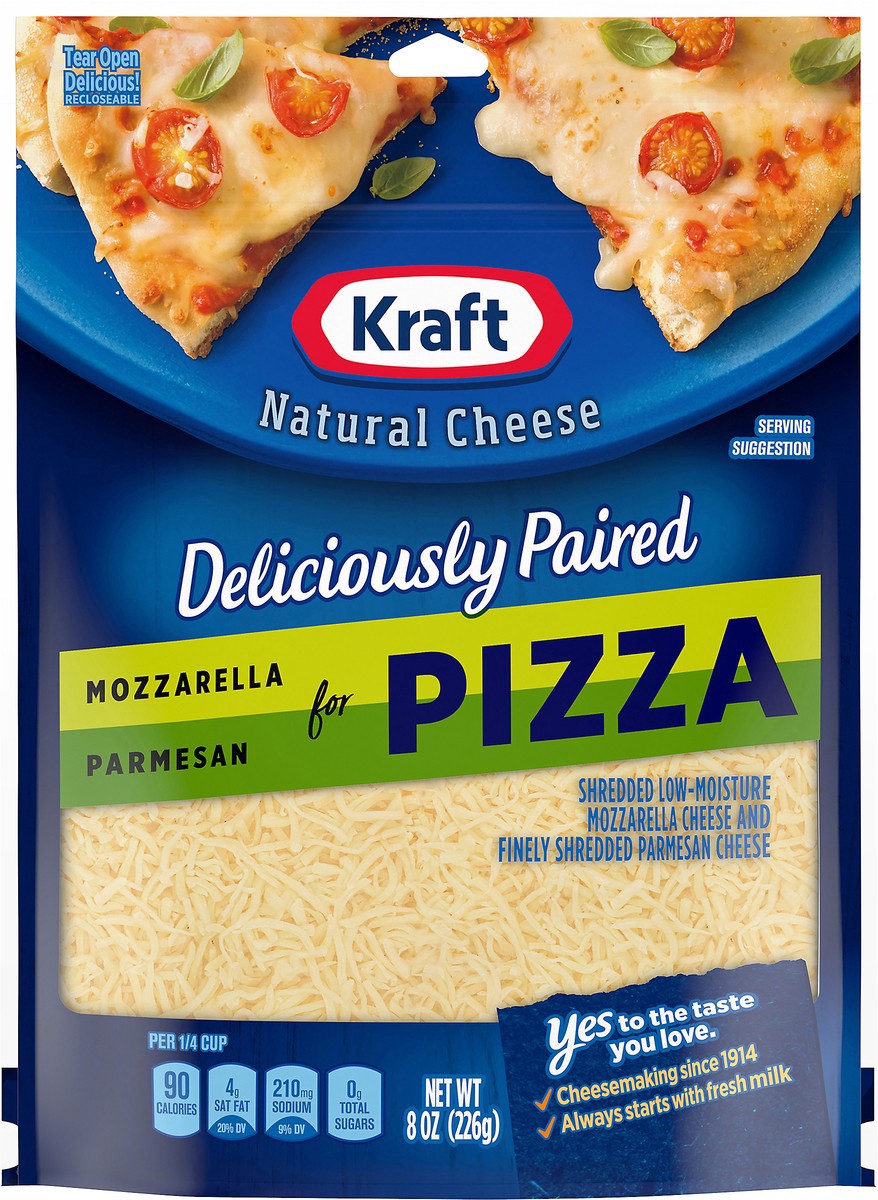 slide 4 of 16, Kraft Deliciously Paired Mozzarella & Parmesan Shredded Cheese for Pizza, 8 oz Bag, 8 oz