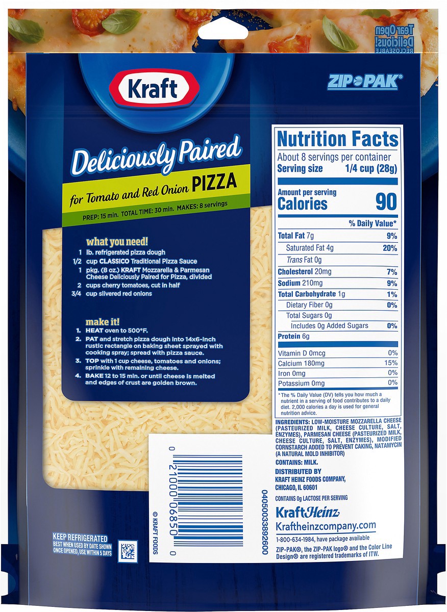 slide 5 of 16, Kraft Deliciously Paired Mozzarella & Parmesan Shredded Cheese for Pizza, 8 oz Bag, 8 oz