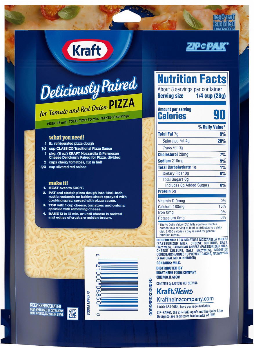 slide 2 of 16, Kraft Deliciously Paired Mozzarella & Parmesan Shredded Cheese for Pizza, 8 oz Bag, 8 oz