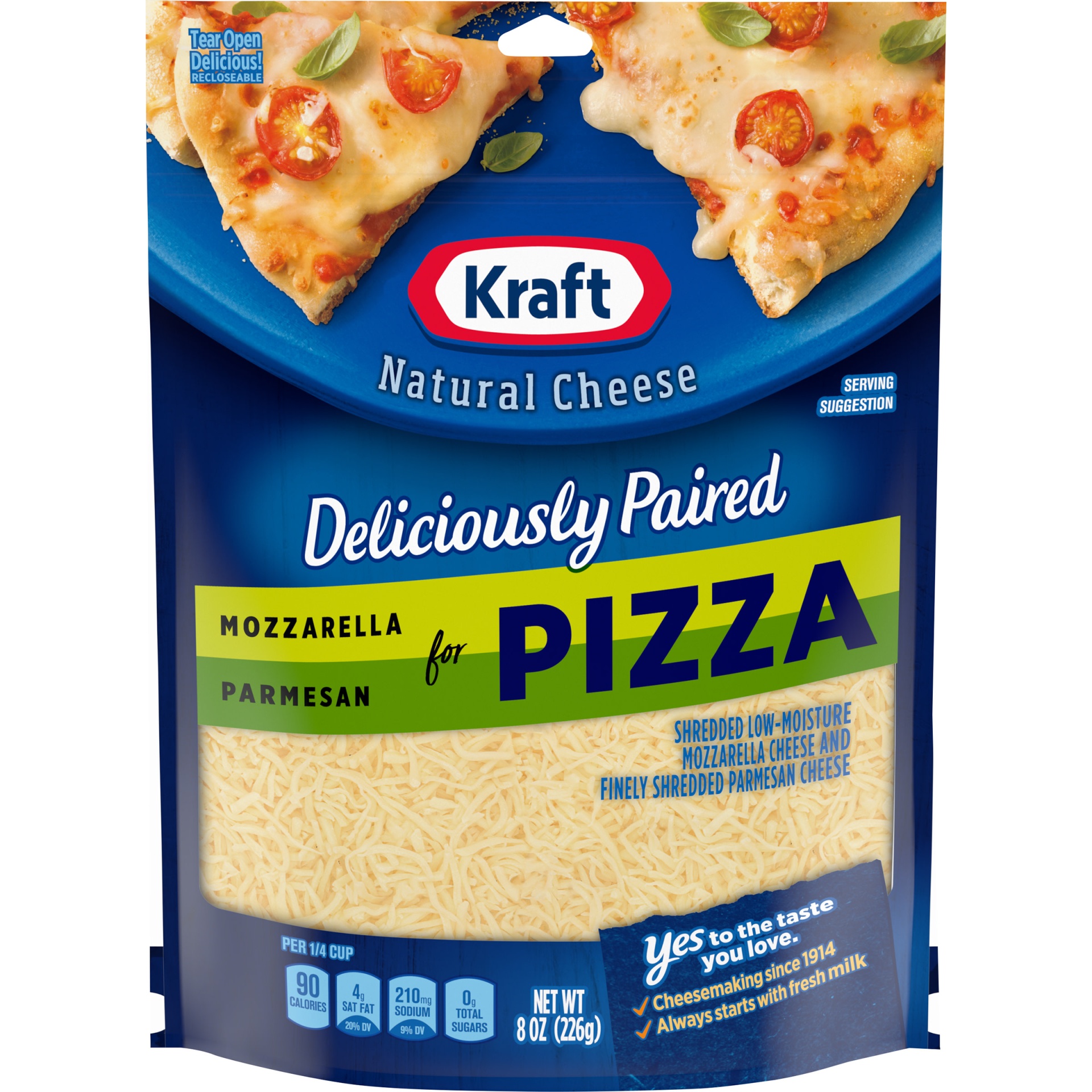 slide 1 of 7, Kraft Deliciously Paired Mozzarella & Parmesan Shredded Cheese for Pizza, 8 oz