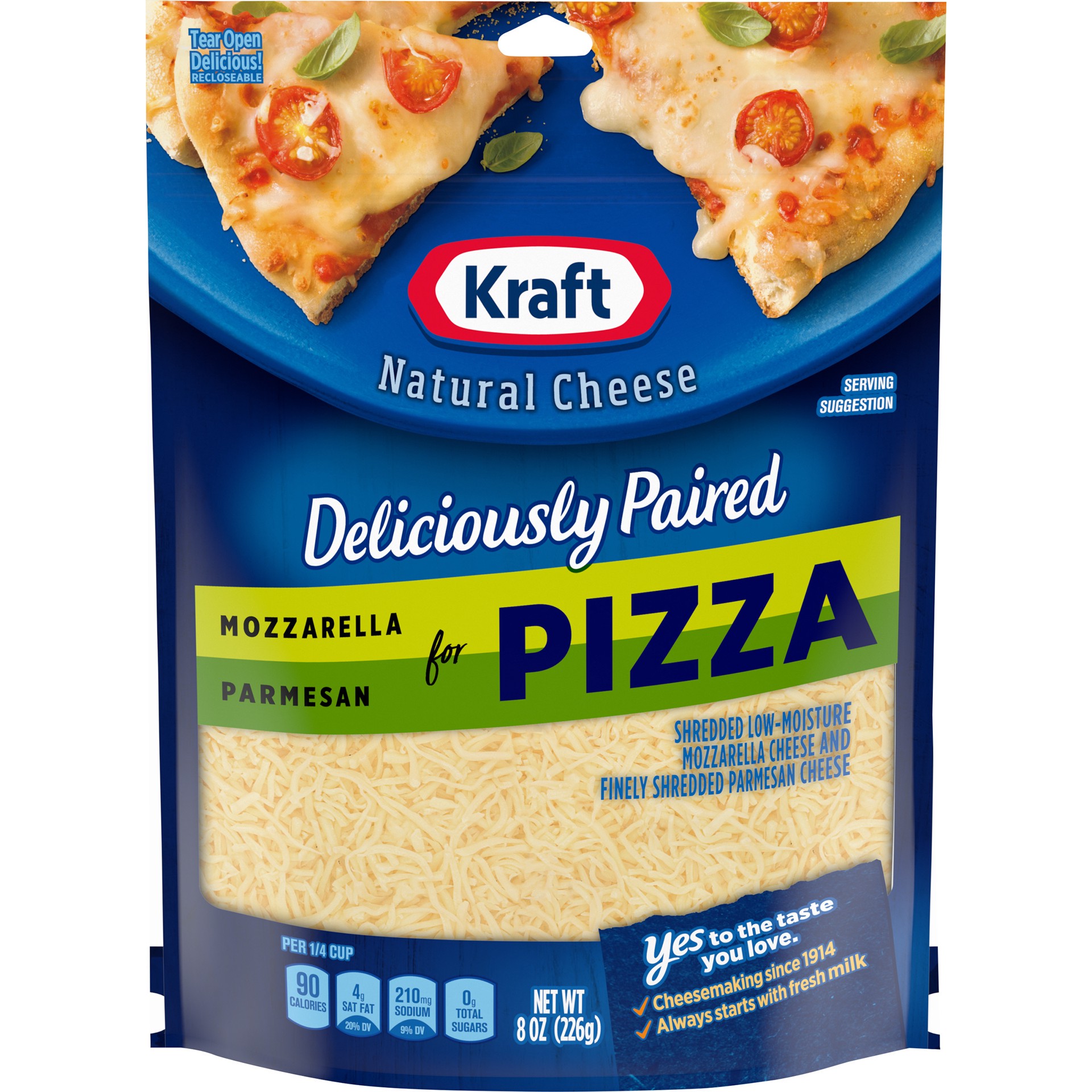 slide 1 of 16, Kraft Deliciously Paired Mozzarella & Parmesan Shredded Cheese for Pizza, 8 oz Bag, 8 oz