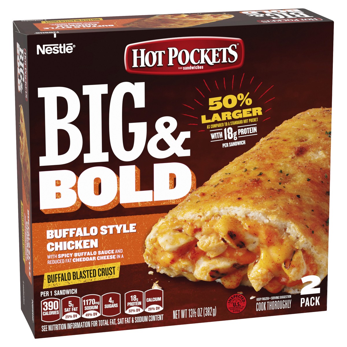 slide 2 of 8, Hot Pockets Big & Bold Buffalo Style Chicken Frozen Snacks, Frozen Buffalo Chicken Sandwiches with White Meat Chicken, 2 Count Microwave Snacks, 13.5 oz