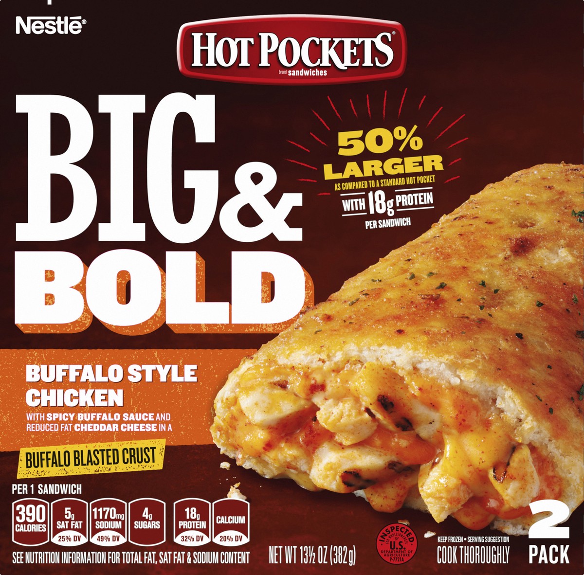 slide 8 of 8, Hot Pockets Big & Bold Buffalo Style Chicken Frozen Snacks, Frozen Buffalo Chicken Sandwiches with White Meat Chicken, 2 Count Microwave Snacks, 13.5 oz