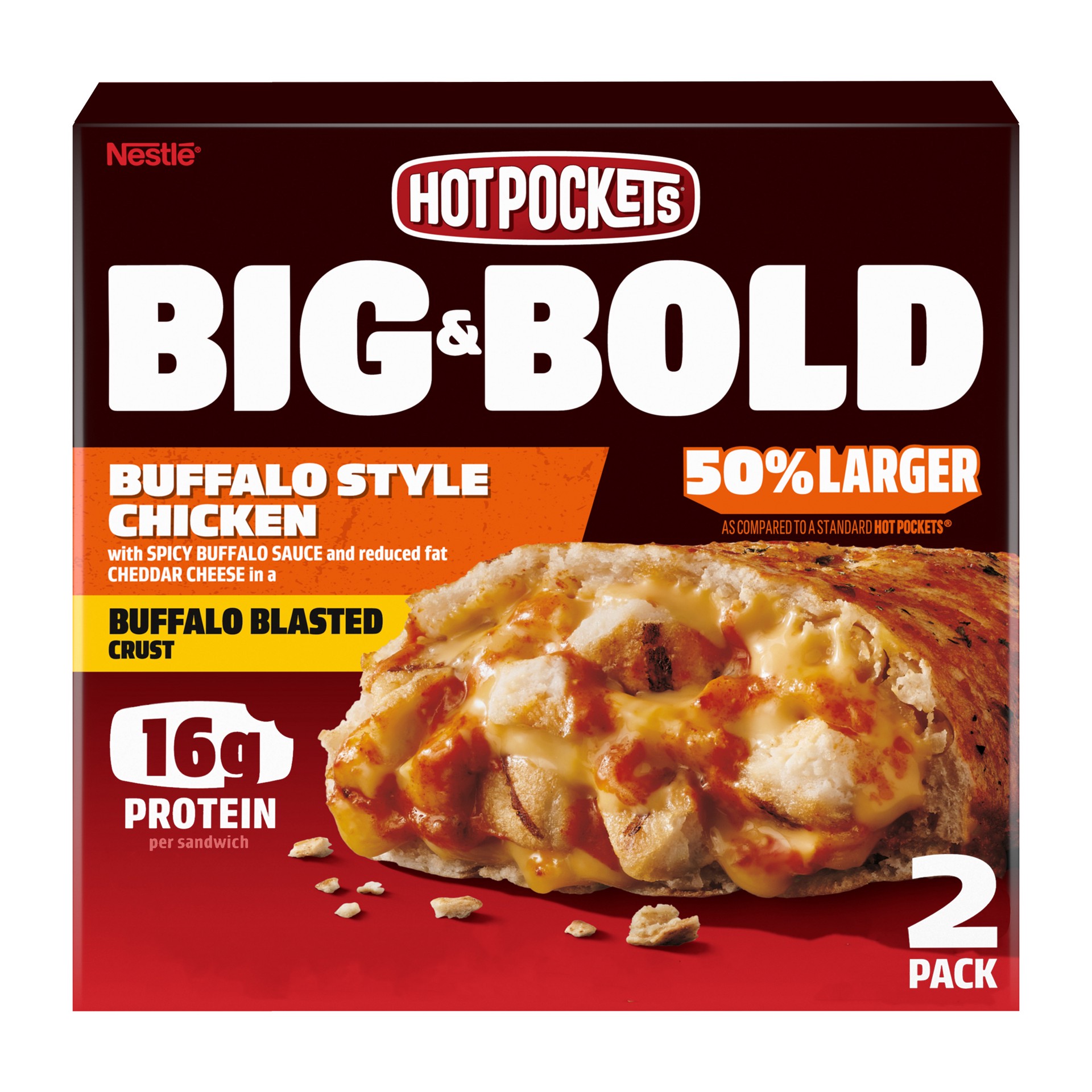 slide 1 of 8, Hot Pockets Big & Bold Buffalo Style Chicken Frozen Snacks, Frozen Buffalo Chicken Sandwiches with White Meat Chicken, 2 Count Microwave Snacks, 13.5 oz