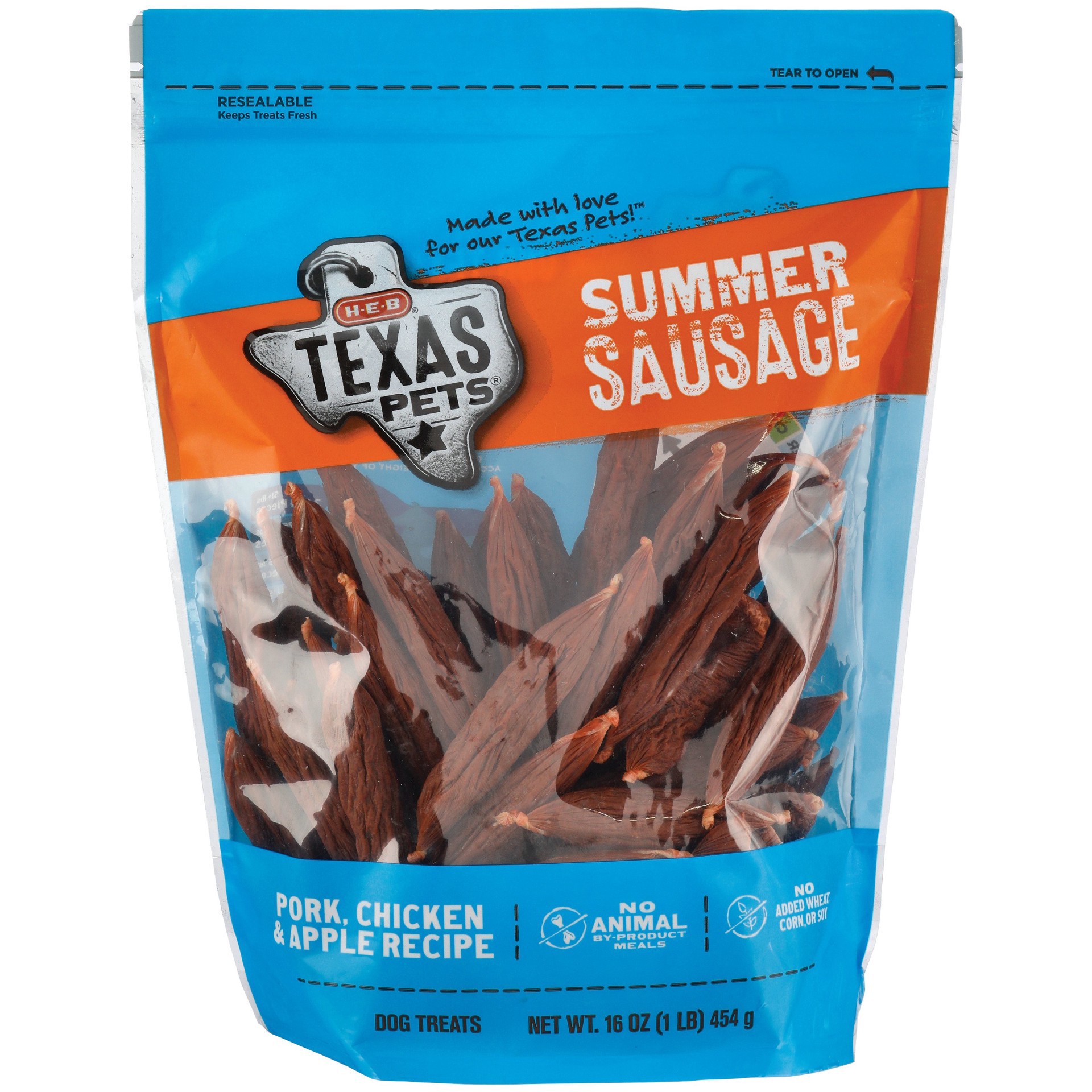 slide 1 of 1, H-E-B Texas Pets, Summer Sausage Made with Pork Chicken & Apple, 16 oz