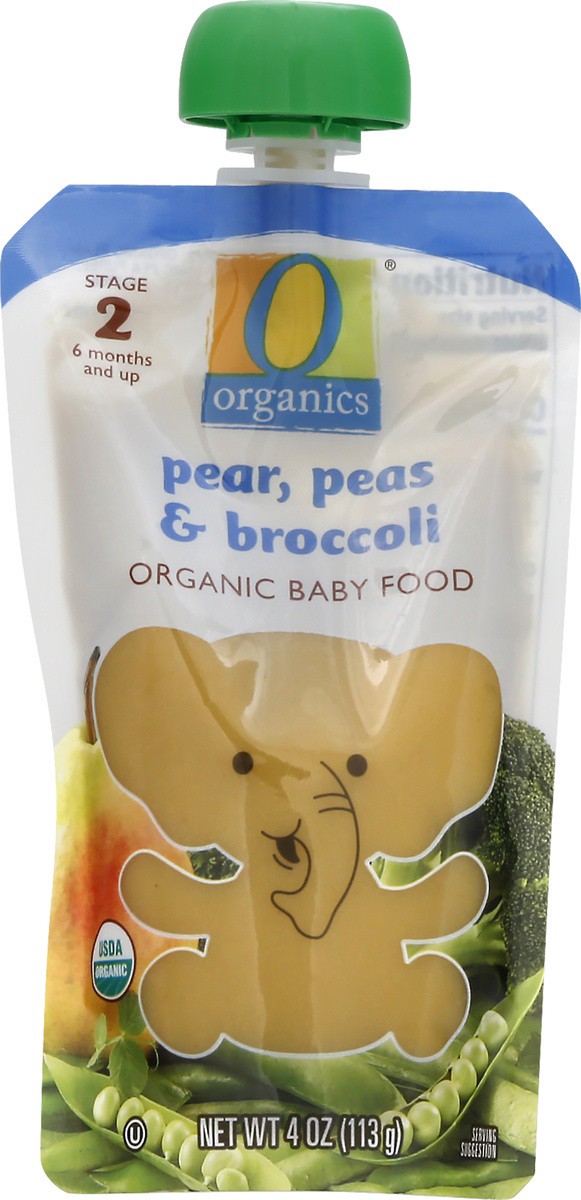 slide 4 of 9, O Organics Organic Baby Broccoli Peas & Pears Stage 2, 4 oz