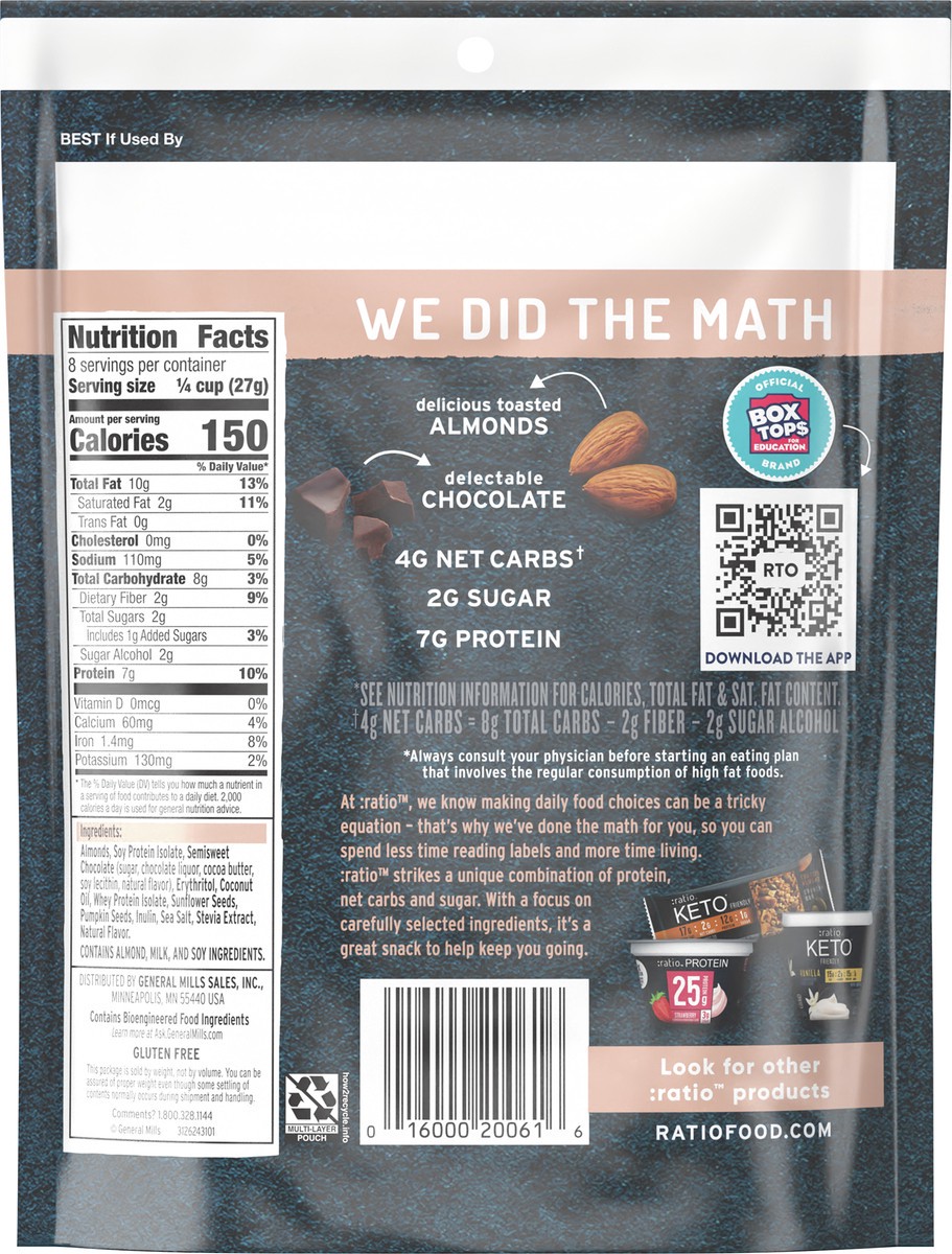 slide 2 of 9, :ratio Keto Friendly Chocolate Almond Granola Cereal, 8 OZ Cereal Bag, 8 oz