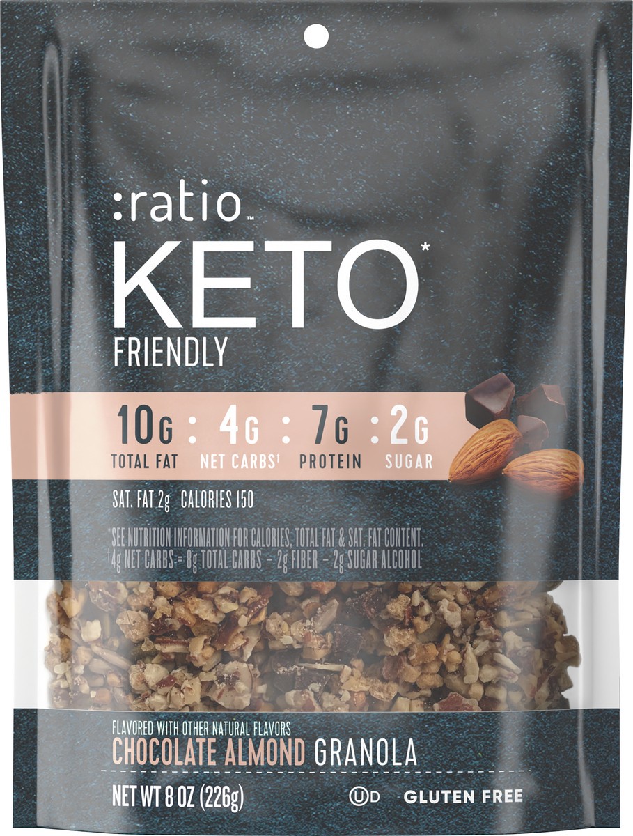 slide 8 of 9, :ratio Keto Friendly Chocolate Almond Granola Cereal, 8 OZ Cereal Bag, 8 oz