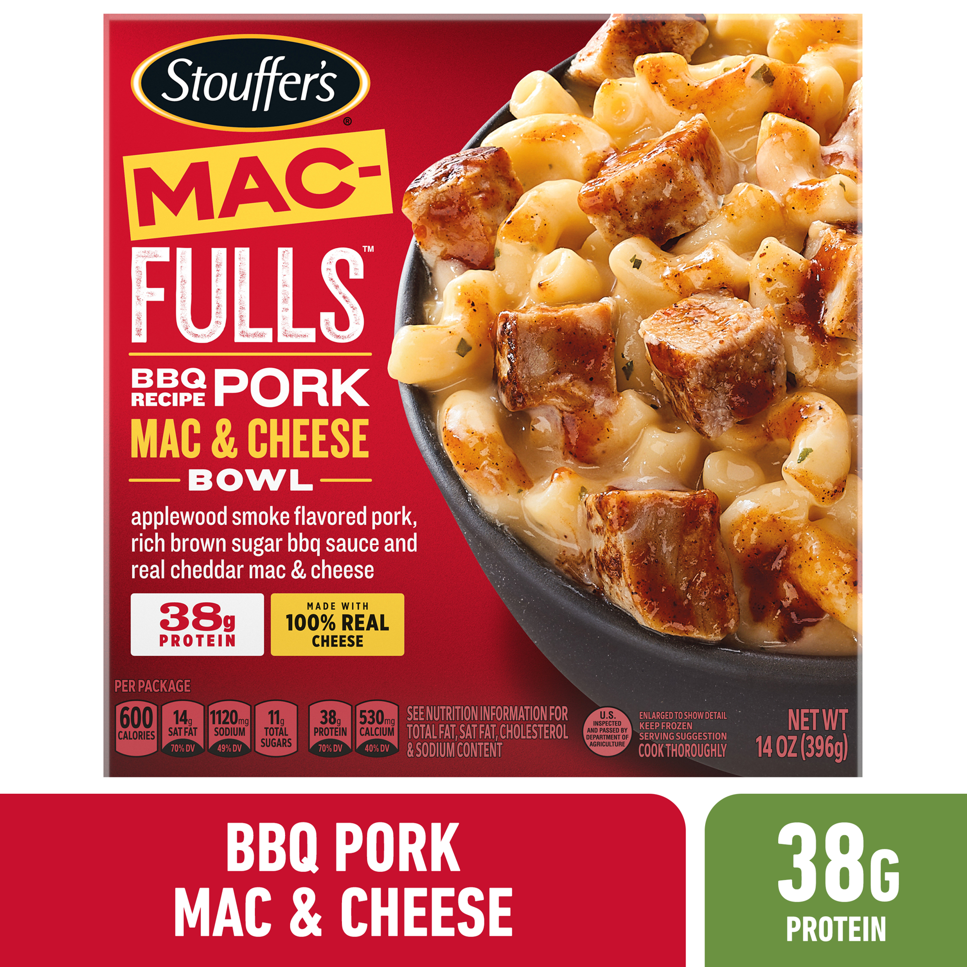 slide 1 of 8, Stouffer's MAC-FULLS BBQ Recipe Pork Mac and Cheese Frozen Meal, 14 oz