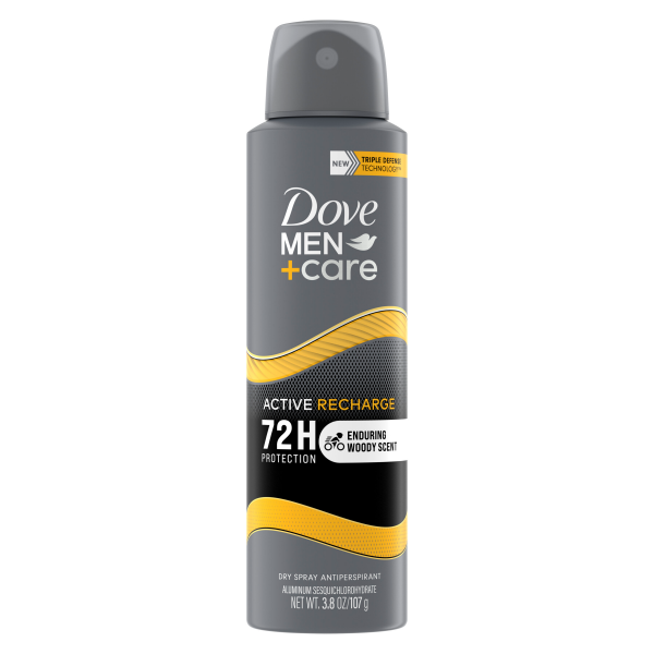 slide 1 of 1, Dove Men+Care Dry Spray 72-Hour Sweat and Odor Protection Active Recharge Antiperspirant for Men with Triple Defense Technology, 3.8 oz