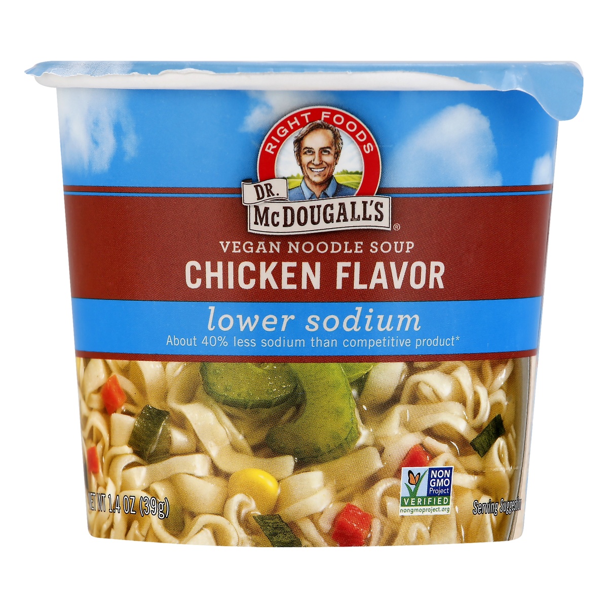 slide 1 of 1, Dr. McDougall's Lower Sodium Chicken Noodle Soup Cup, 1.4 oz