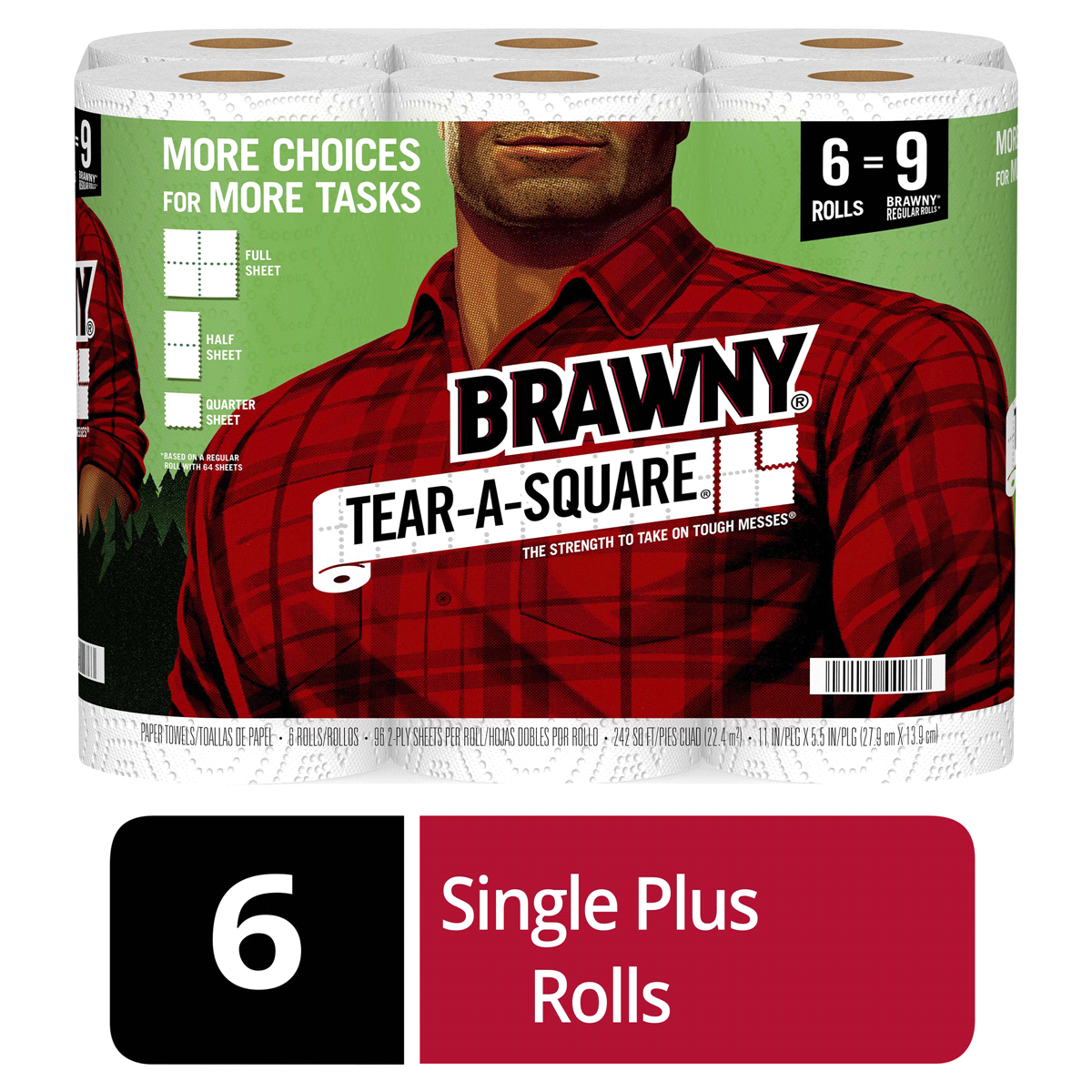 slide 1 of 1, Brawny Paper Towels Tear-A-Square 2-Ply Rolls, 6 ct