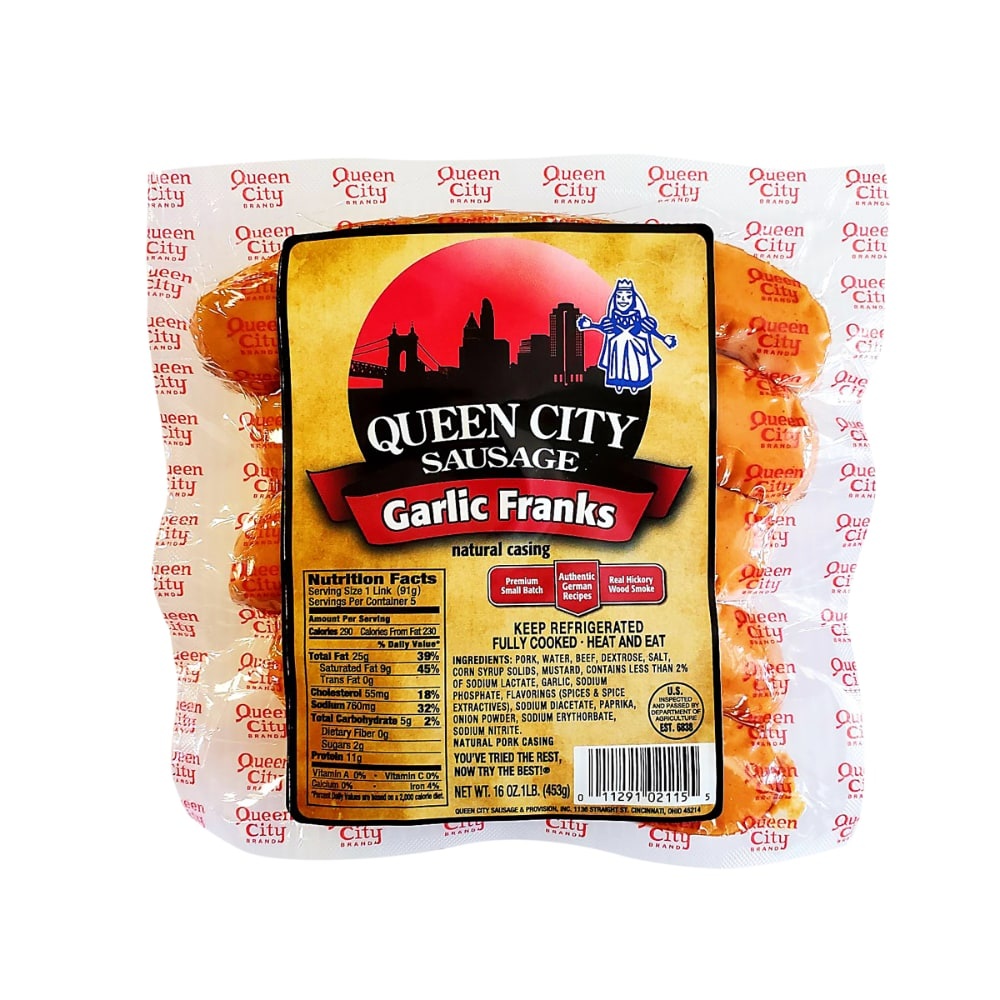 slide 1 of 1, Queen City Sausage Garlic Franks, 16 oz