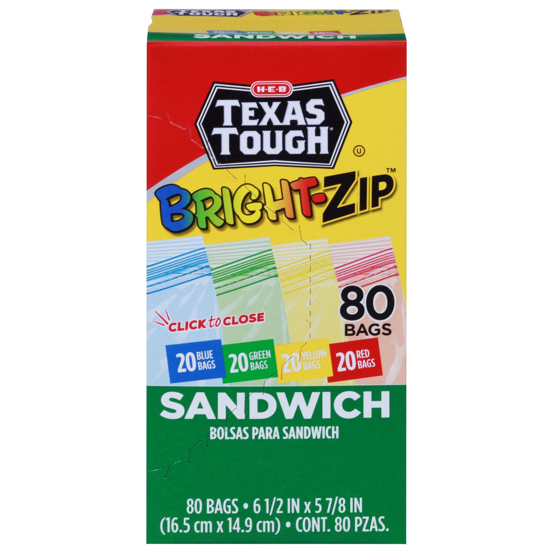 slide 1 of 1, H-E-B Texas Tough Double Zipper Color Sandwich Bags, 80 ct