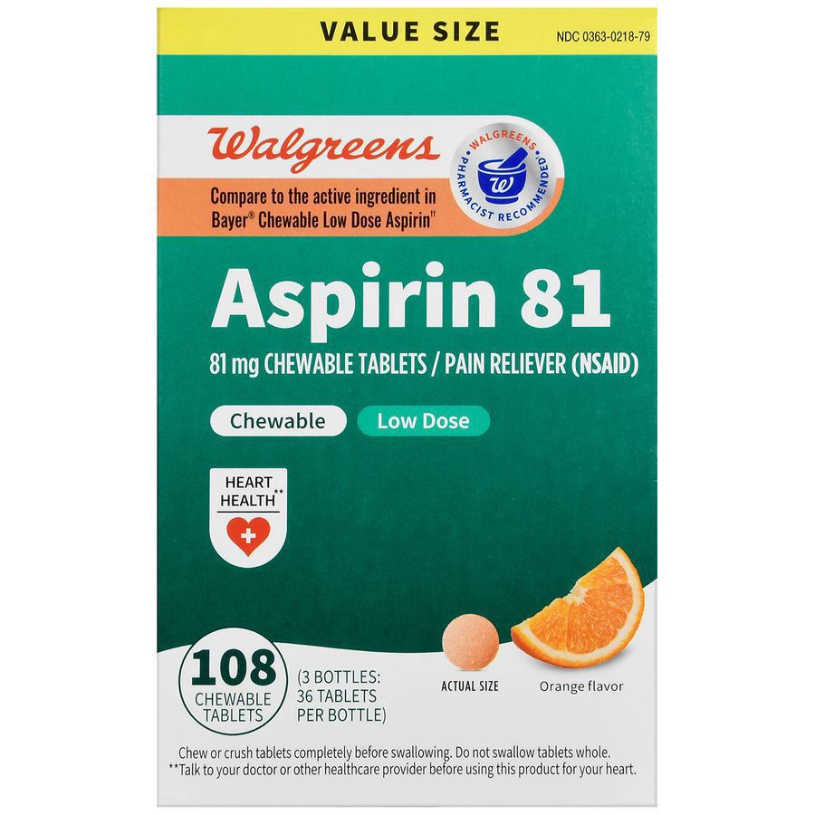 slide 4 of 5, Walgreens Orange Flavored Aspirin Chewable Tablets 81Mg, 3 pk; 36 ct