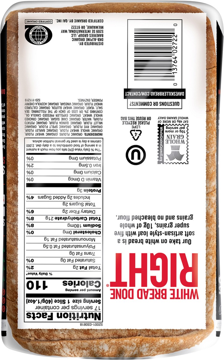 slide 9 of 15, Dave's Killer Bread Bread, White, Organic, 24 oz