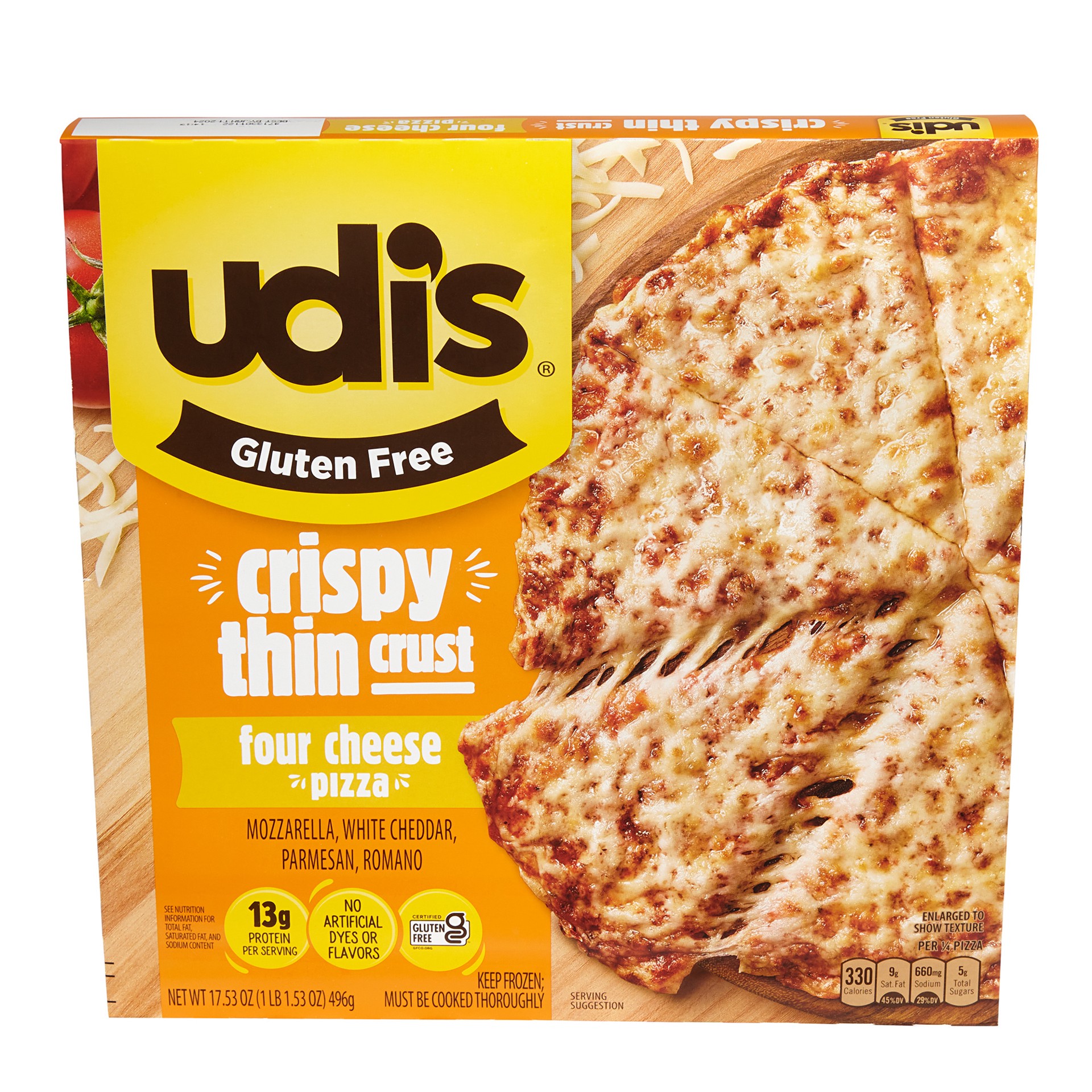 slide 1 of 4, Udi's Gluten Free Three Cheese Pizza With Crispy Thin Crust, Frozen, 10 oz., 10 oz