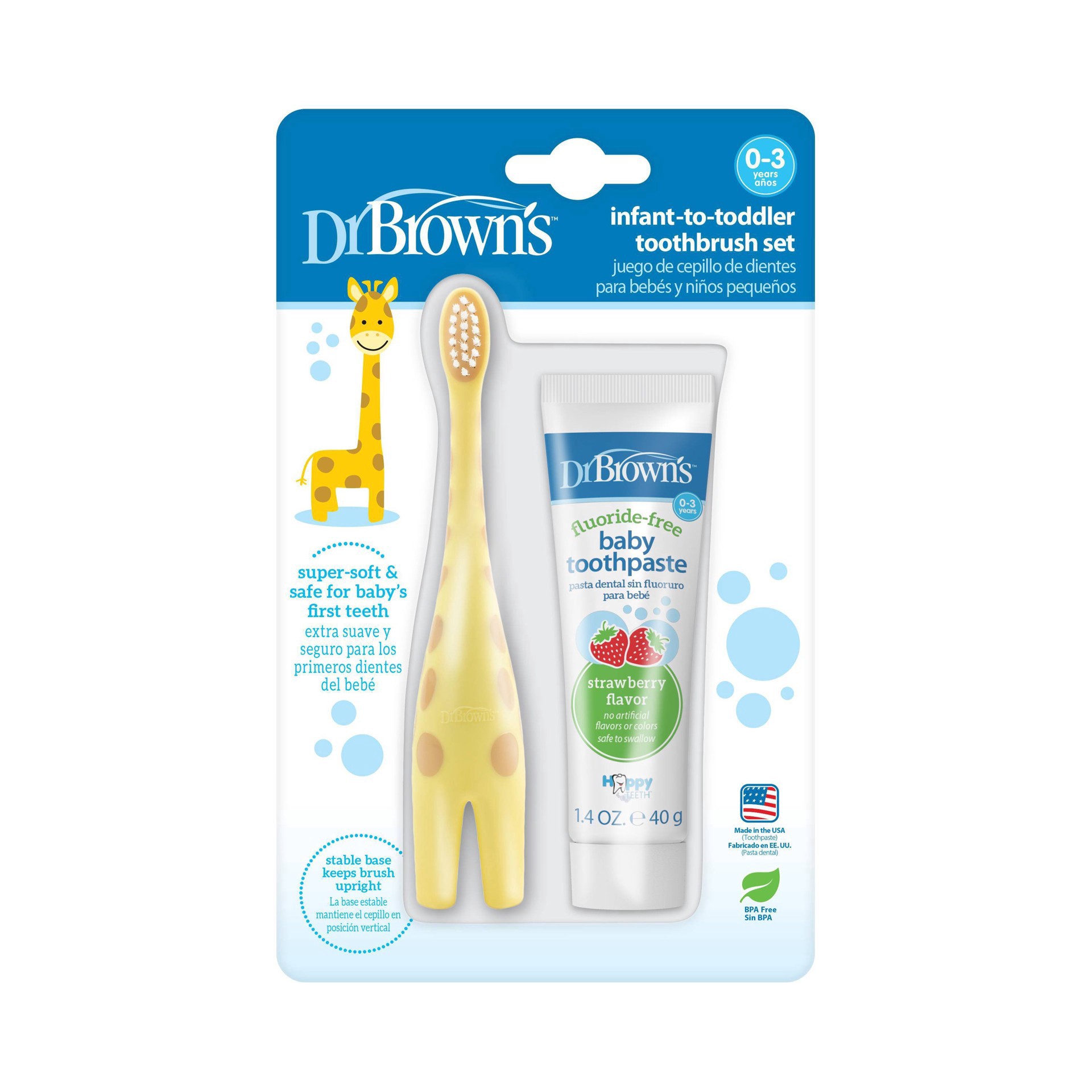 slide 2 of 11, Dr. Brown's Infant-to-Toddler Toothbrush, Giraffe & Strawberry Toothpaste Set, 1 ct