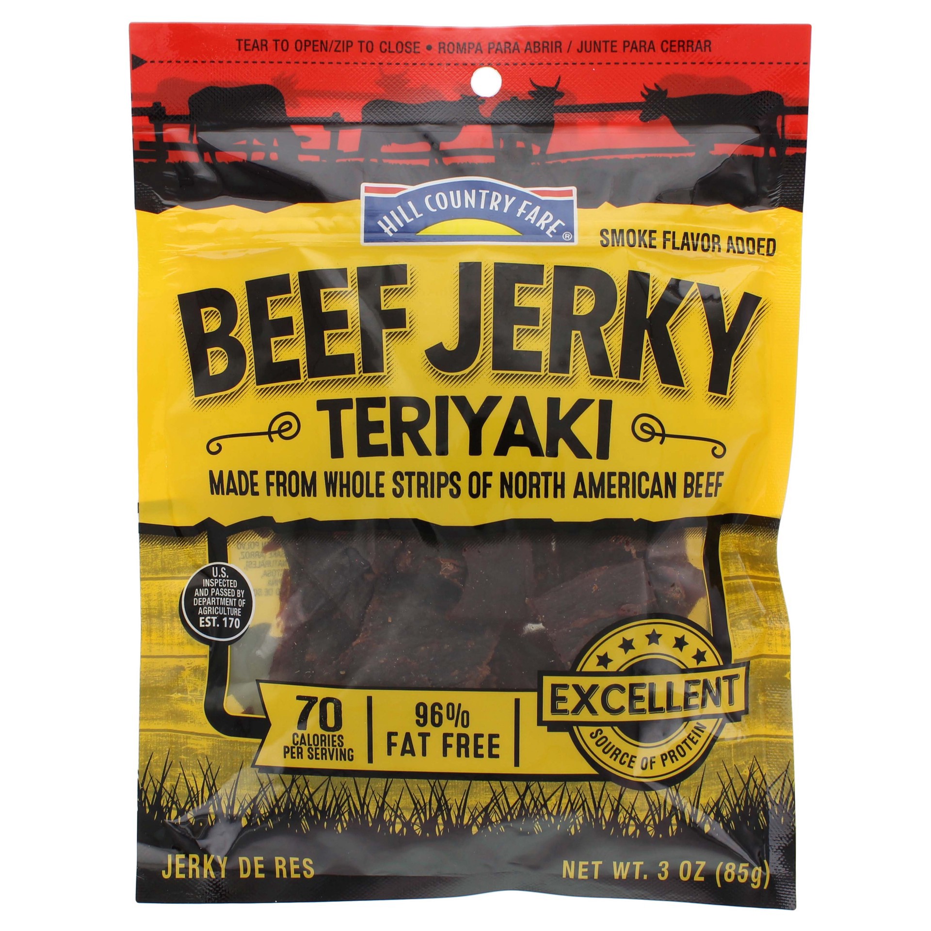 slide 1 of 1, Hill Country Fare 11g Protein Teriyaki Beef Jerky, 3 oz