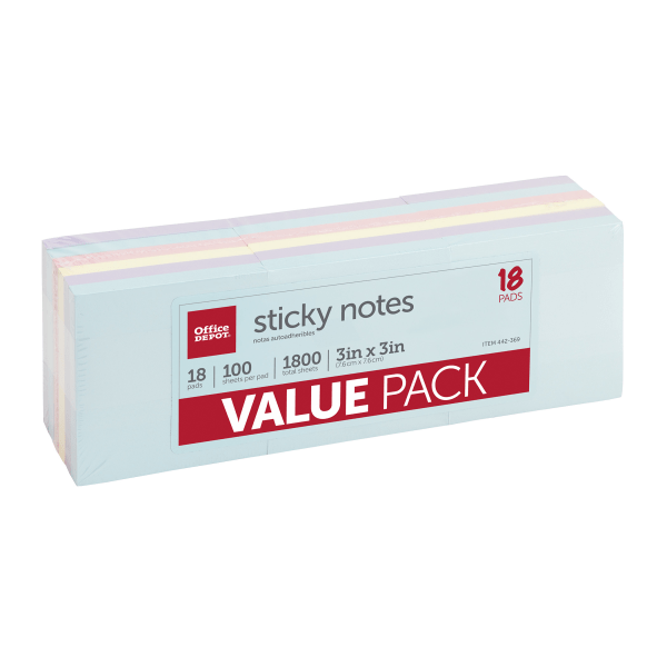 slide 1 of 3, Office Depot Brand Sticky Notes Value Pack, 3'' X 3'', Assorted Pastel Colors, 100 Sheets Per Pad, Pack Of 18, 18 ct