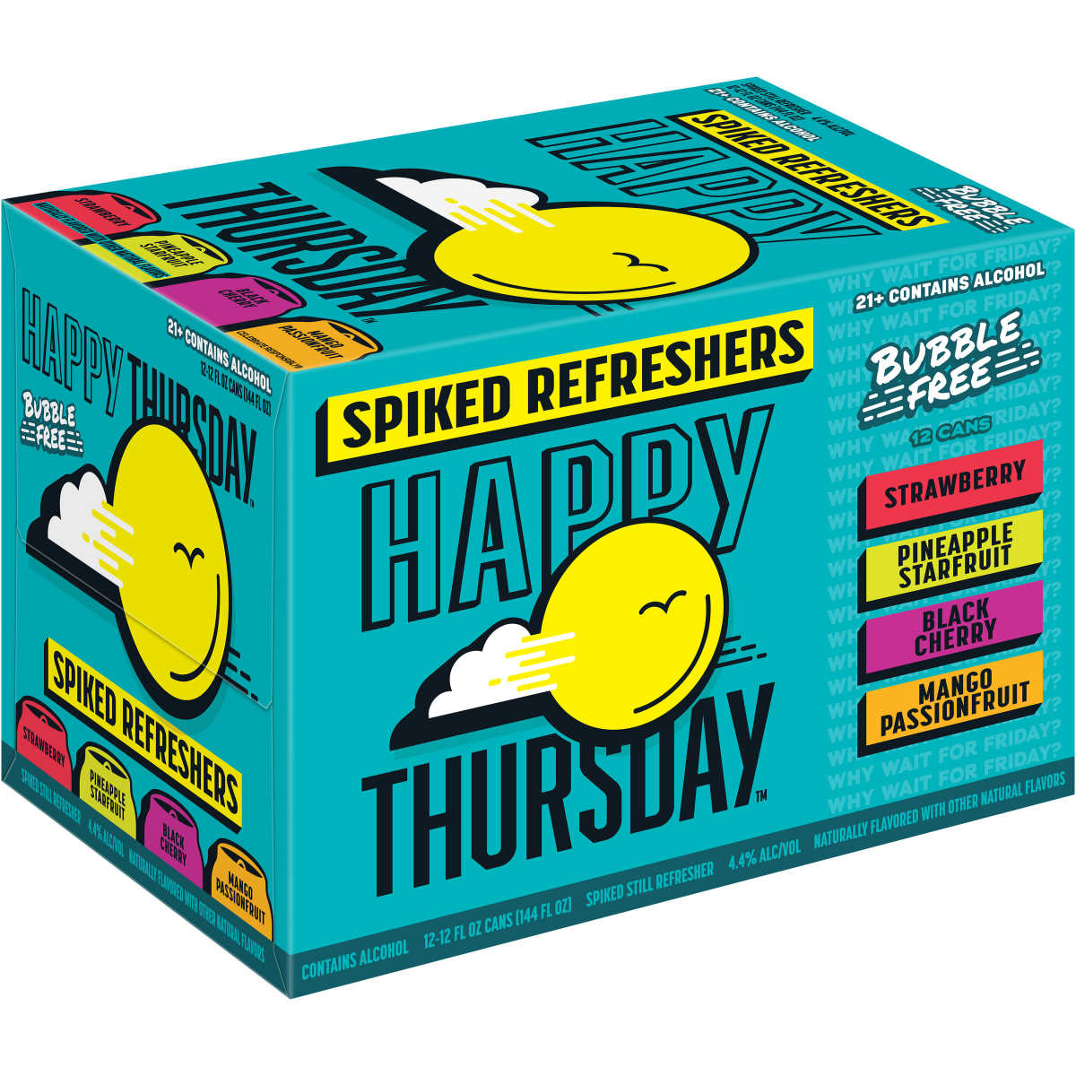 slide 1 of 1, Happy Thursday Variety Pack Happy Thursday Spiked Refreshers Variety Pack 4.4% ABV, 12 Pack, 12.0 fl oz Cans, 12 fl oz