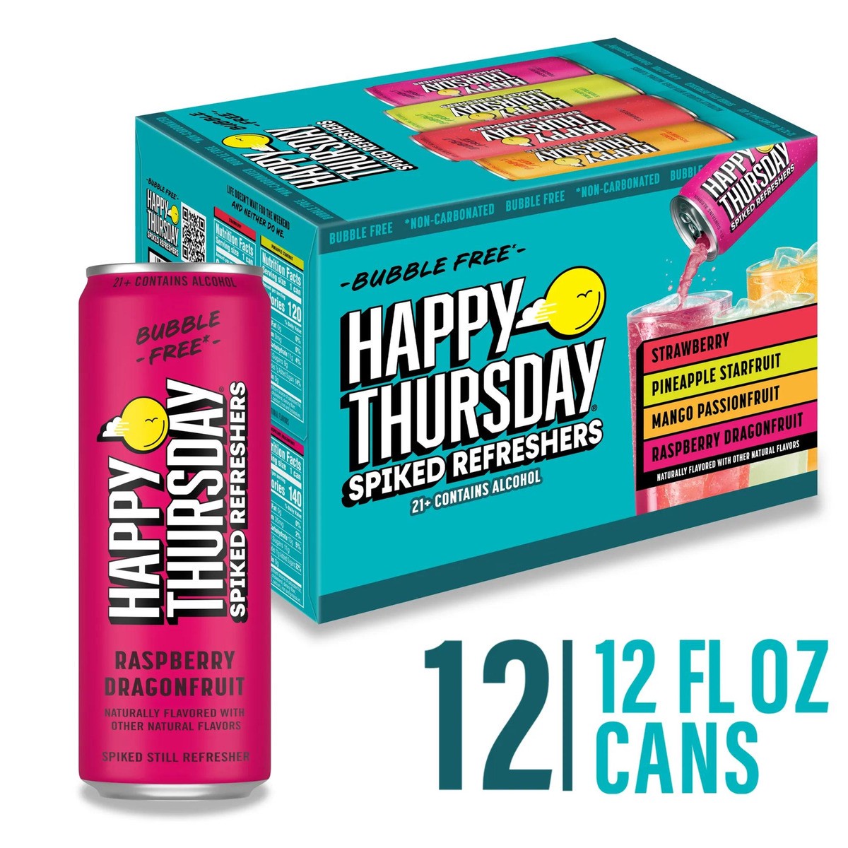 slide 1 of 10, Happy Thursday Variety Pack Spiked Refreshers 4.4% ABV, 12 Pack, 12 fl oz Cans, 12 fl oz
