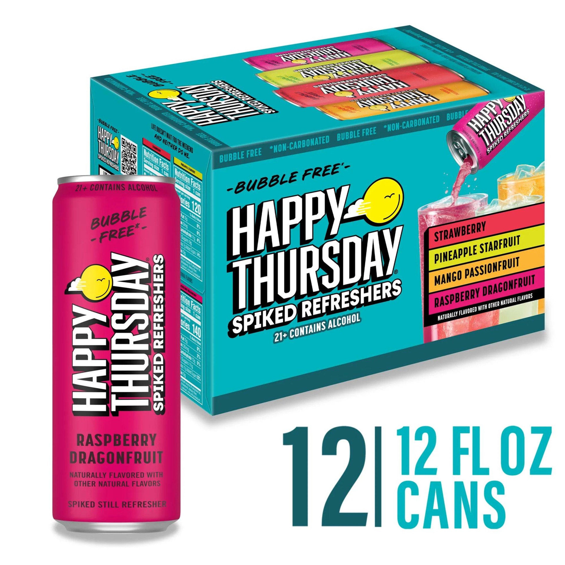 slide 1 of 5, Happy Thursday Variety Pack Spiked Refreshers 4.4% ABV, 12 Pack, 12 fl oz Cans, 12 fl oz