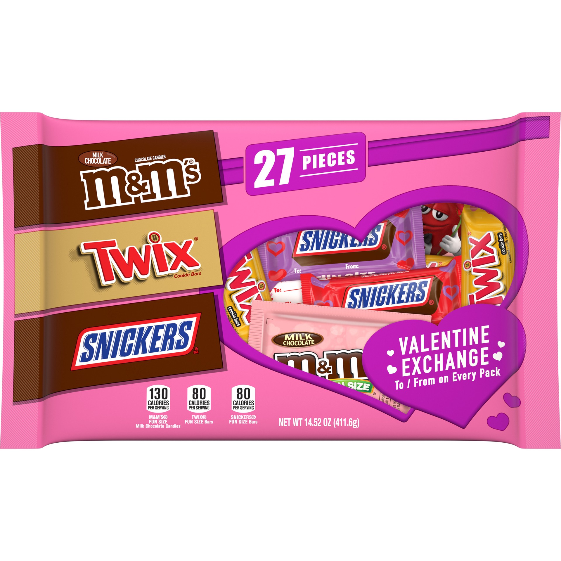 slide 1 of 8, Mixed M&M'S, SNICKERS & TWIX Valentines Assorted Chocolate Candy, 27 Pieces, 14.52 oz