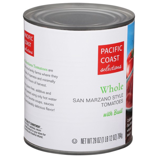 slide 1 of 1, Pacific Coast Selections San Marzano Style Whole Tomatoes with Basil 28 oz, 28 oz