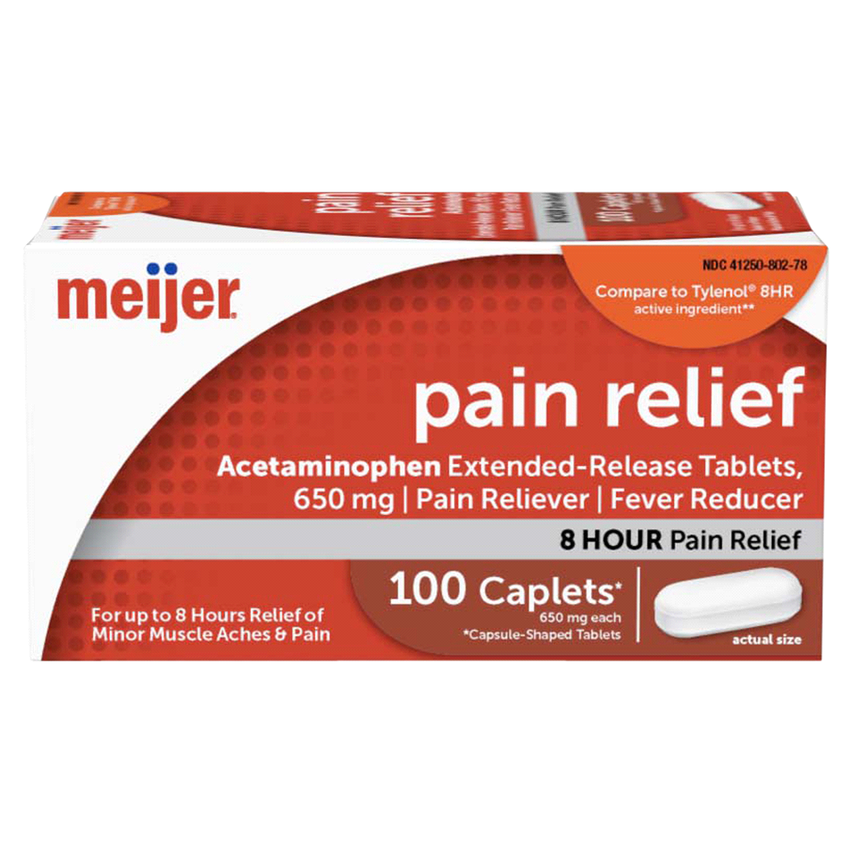 slide 1 of 3, Meijer 8 Hour Pain Relief Acetaminophen Extended-Release Caplets, 650mg, 100 ct