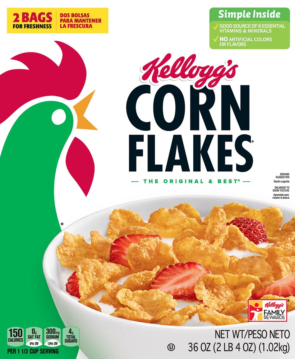 slide 2 of 9, Corn Flakes Kellogg's Corn Flakes Cold Breakfast Cereal, Original, 36 oz, 2 Count, 36 oz