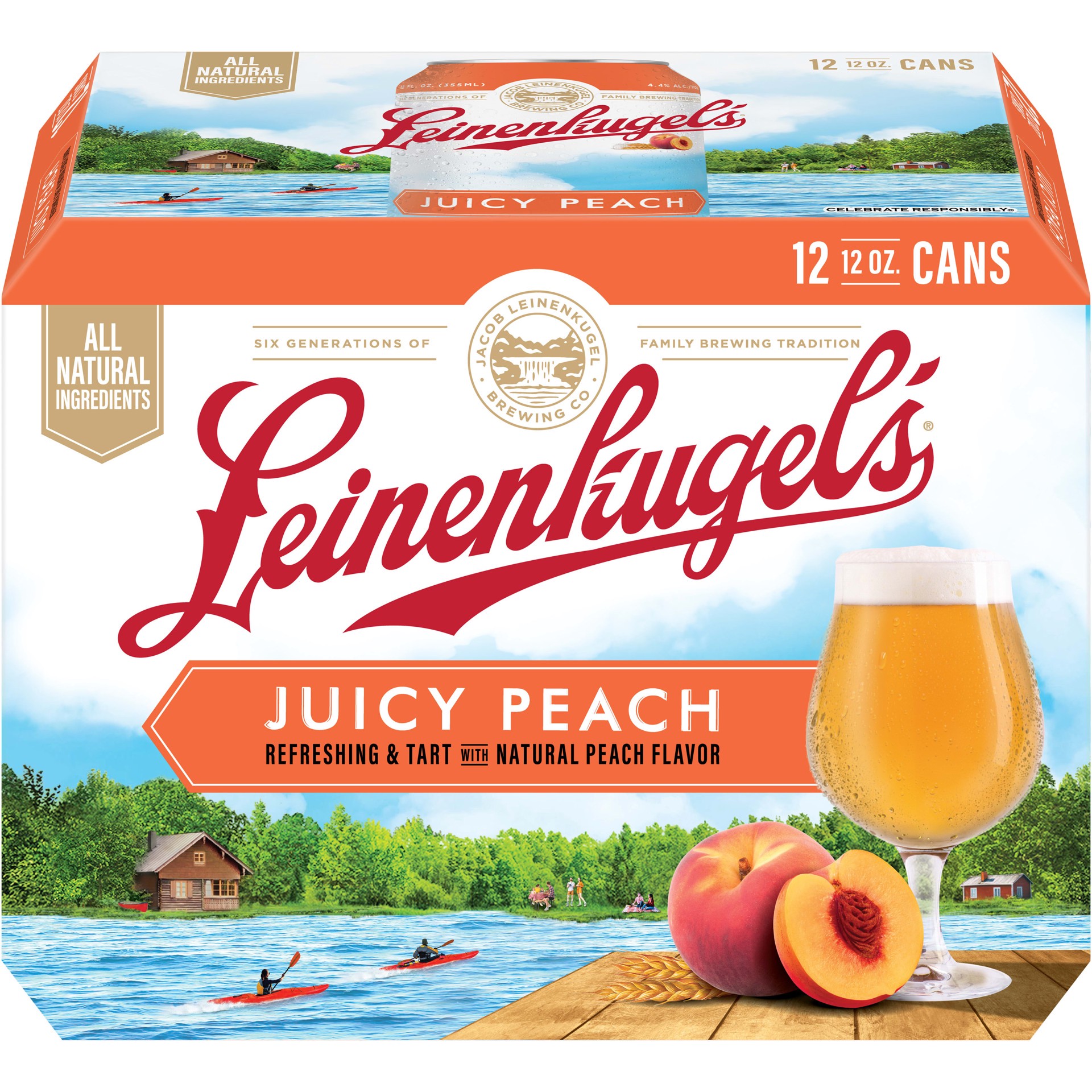 slide 4 of 5, Leinenkugel's Juicy Peach, Fruited Session Sour Beer, 12 Pack, 12 fl oz Cans, 4.4% ABV, 12 fl oz