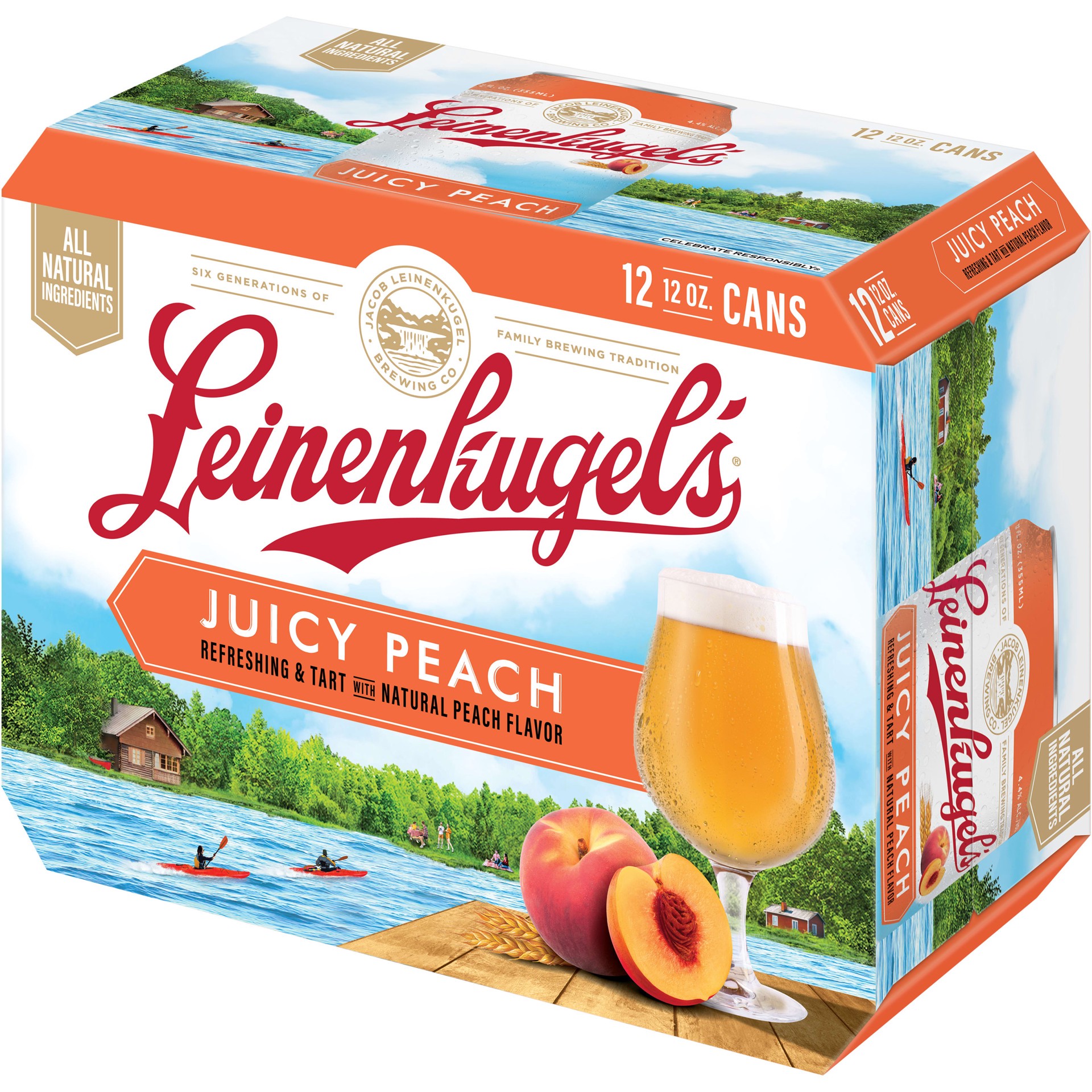 slide 2 of 5, Leinenkugel's Juicy Peach Leinenkugel''s Juicy Peach, Fruited Session Sour Beer, 12 Pack, 12 fl oz Cans, 4.4% ABV, 12 fl oz