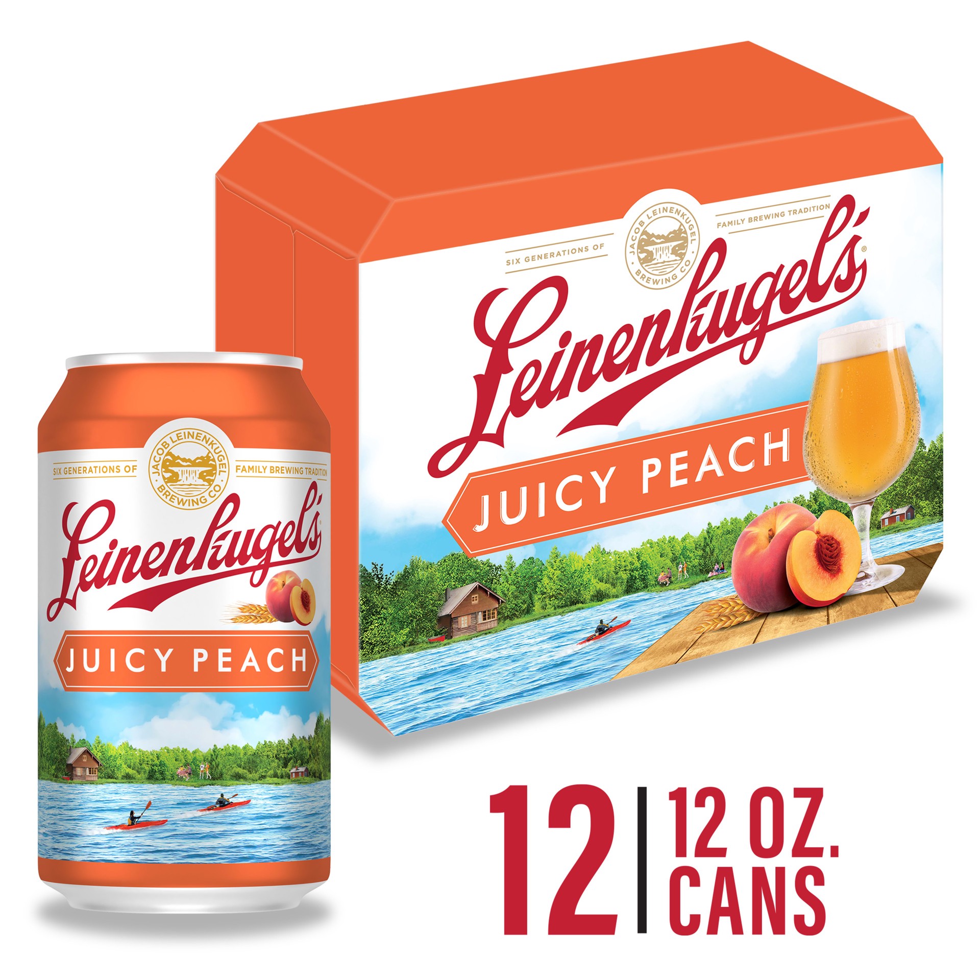 slide 1 of 5, Leinenkugel's Juicy Peach, Fruited Session Sour Beer, 12 Pack, 12 fl oz Cans, 4.4% ABV, 12 fl oz