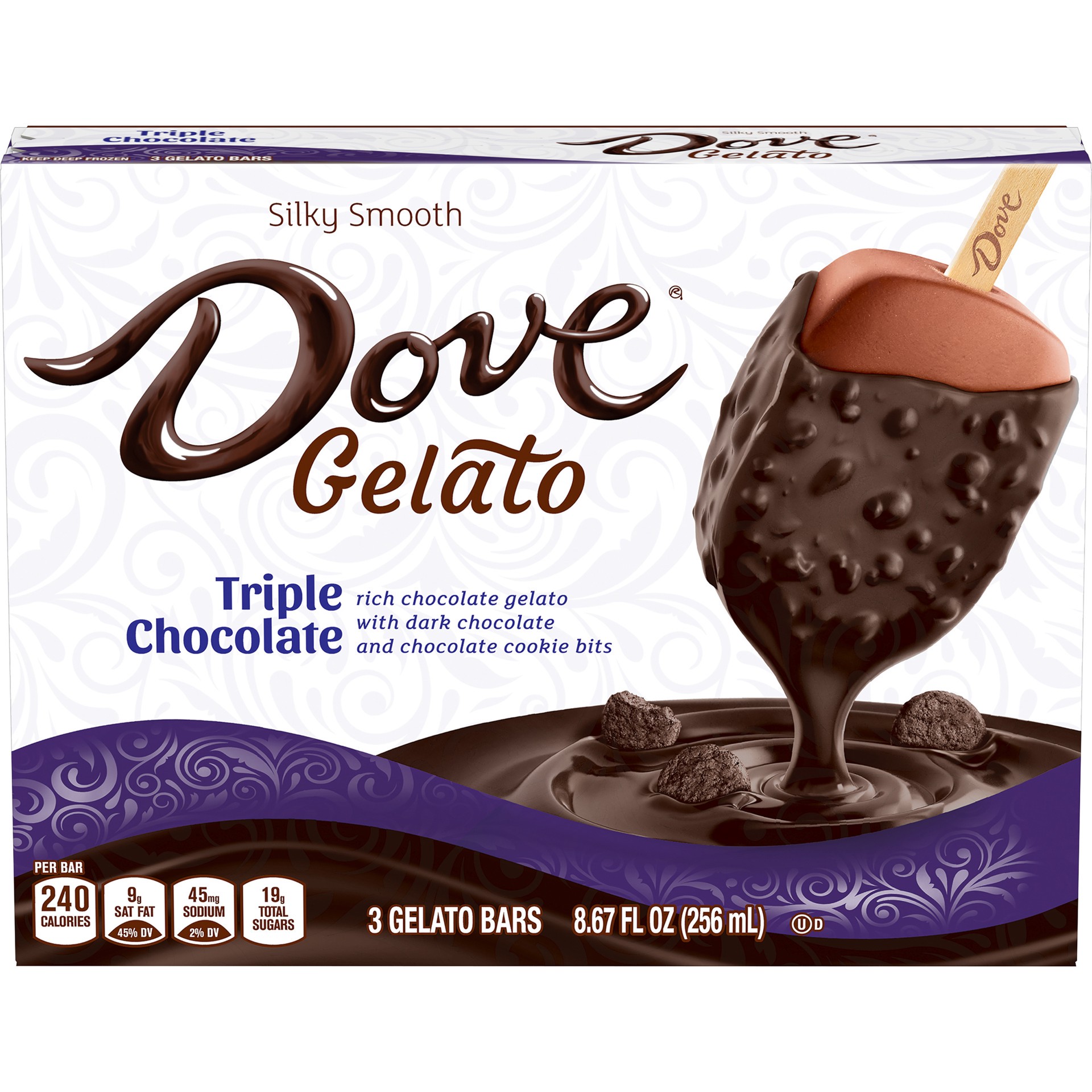 slide 1 of 4, Dove Gelato Triple Chocolate Gelato Bars With Dark Chocolate and Chocolate Cookie Bits 3-Count Box, 8.67 fl oz