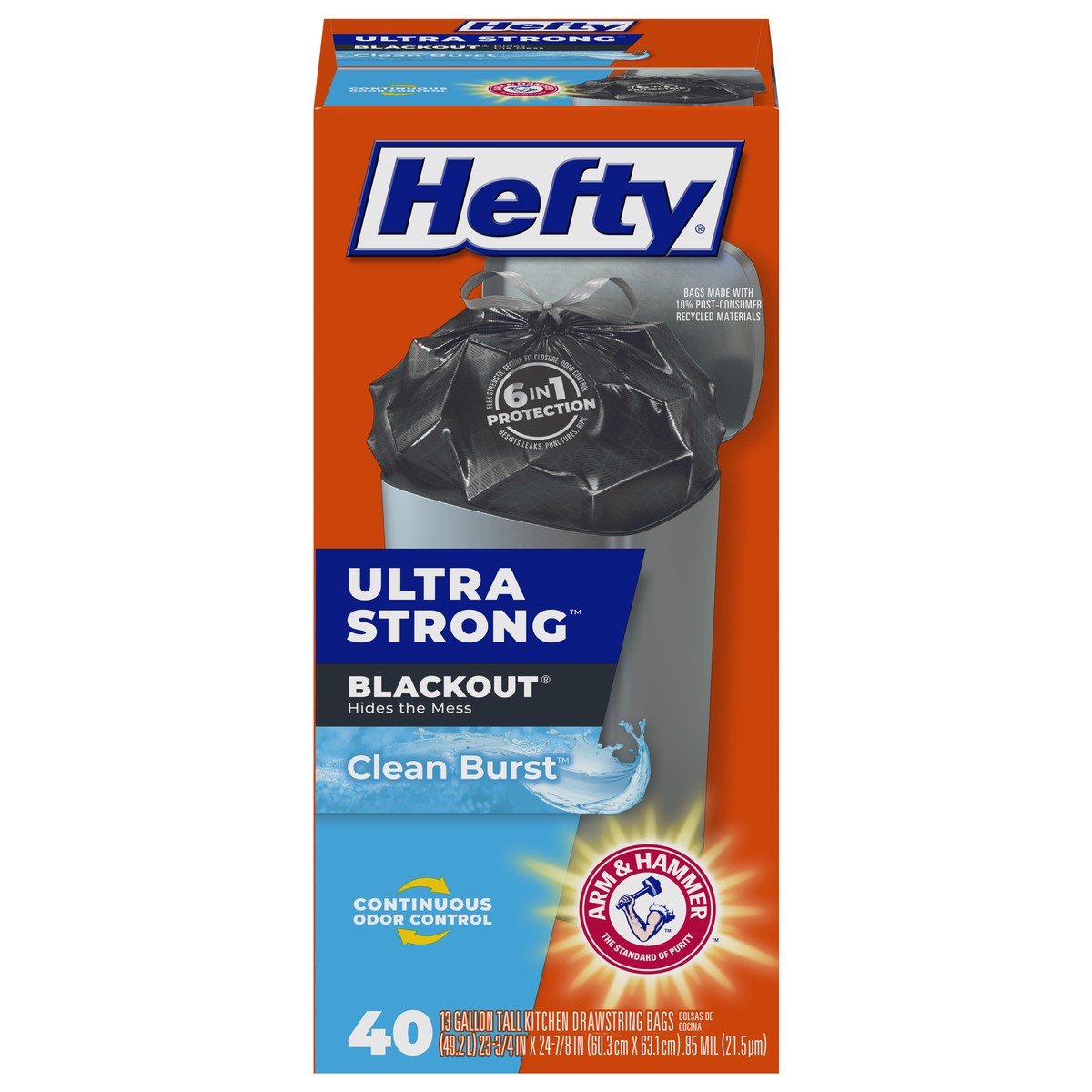 slide 1 of 6, Hefty Ultra Strong 13 Gallon Trash Bags, Tall Kitchen Trash Bags, Blackout, Clean Burst Scent, 40 Bags, 40 ct