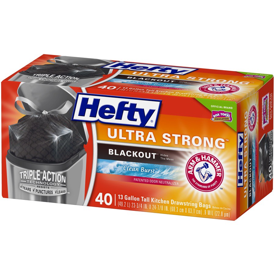 slide 3 of 6, Hefty Ultra Strong 13 Gallon Trash Bags, Tall Kitchen Trash Bags, Blackout, Clean Burst Scent, 40 Bags, 40 ct