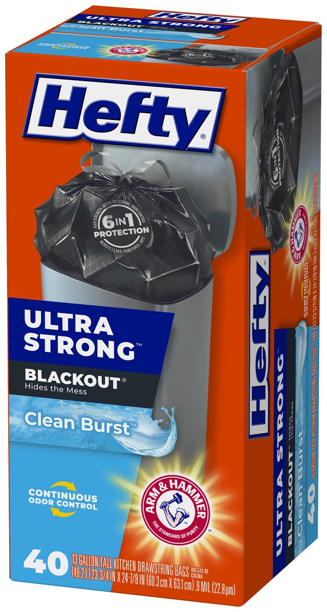 slide 3 of 7, Hefty Blackout Clean Burst 13 Gallon Tall Kitchen Drawstring Bags 40 Ct Box, 40 ct