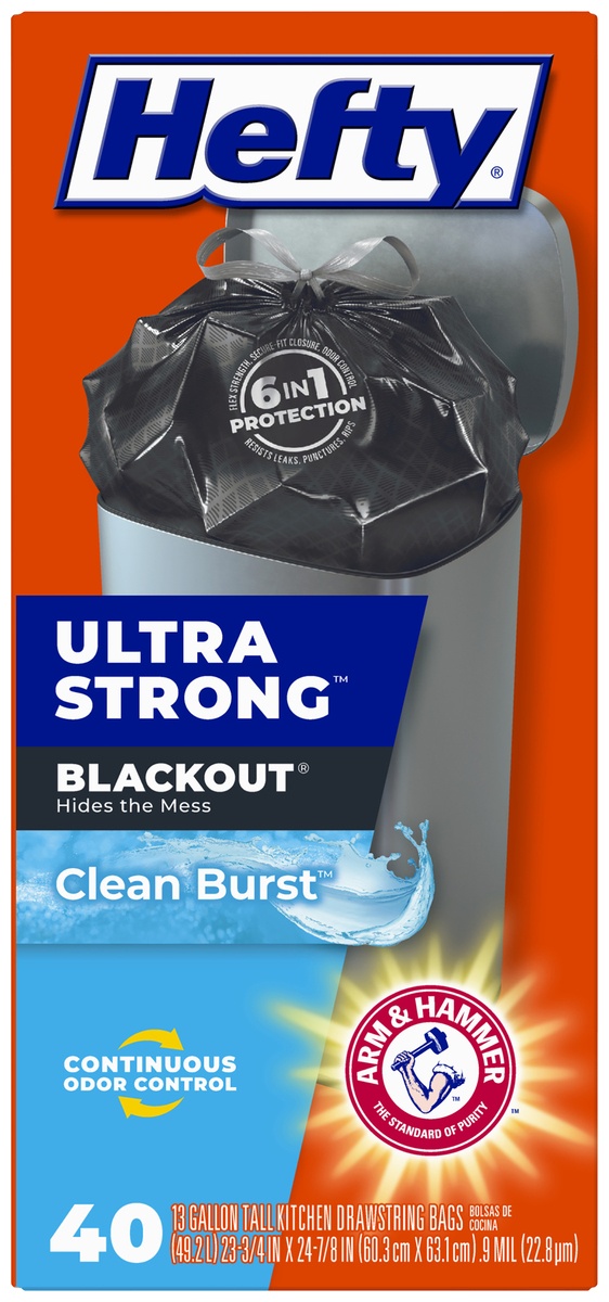 slide 6 of 7, Hefty Blackout Clean Burst 13 Gallon Tall Kitchen Drawstring Bags 40 Ct Box, 40 ct