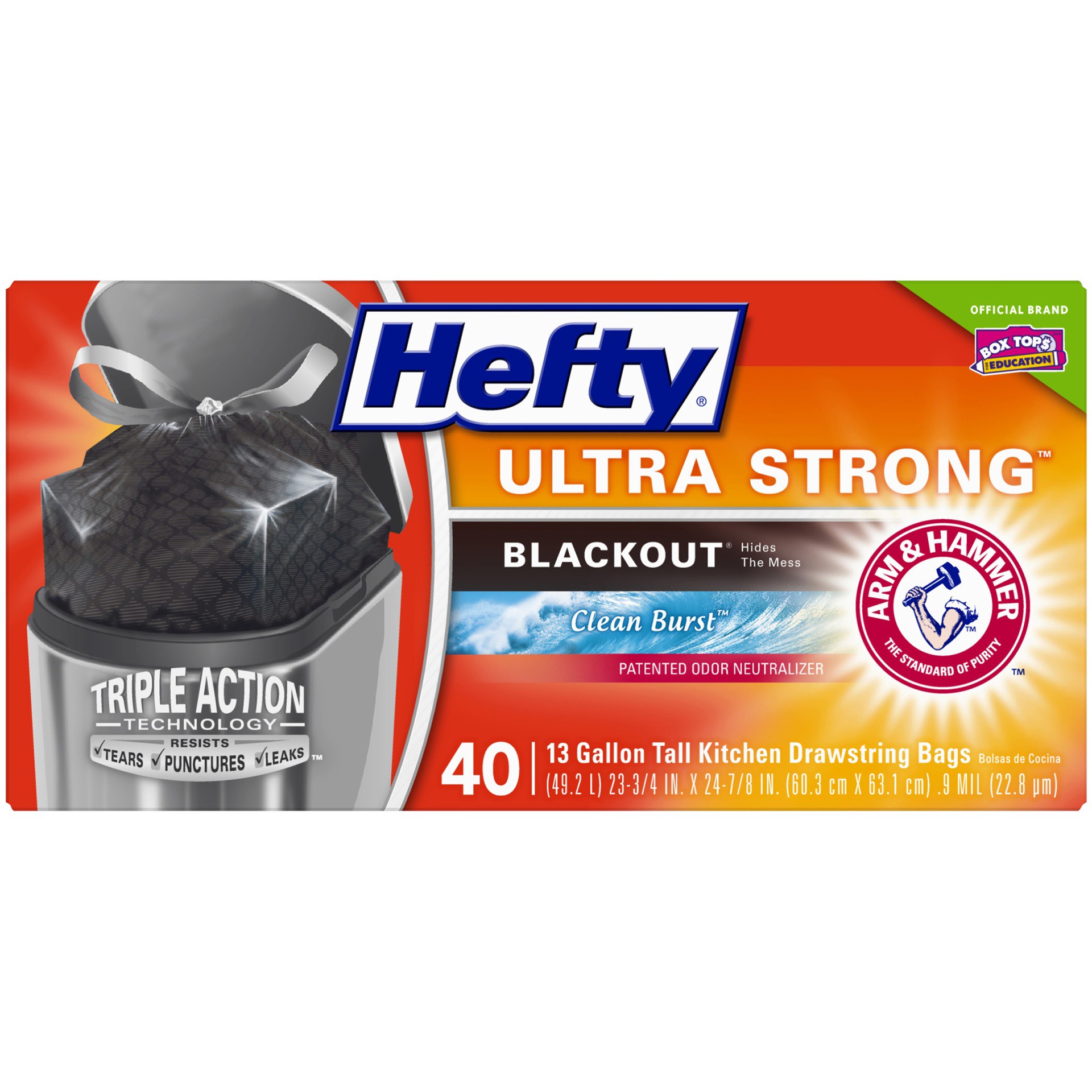 slide 6 of 6, Hefty Ultra Strong 13 Gallon Trash Bags, Tall Kitchen Trash Bags, Blackout, Clean Burst Scent, 40 Bags, 40 ct