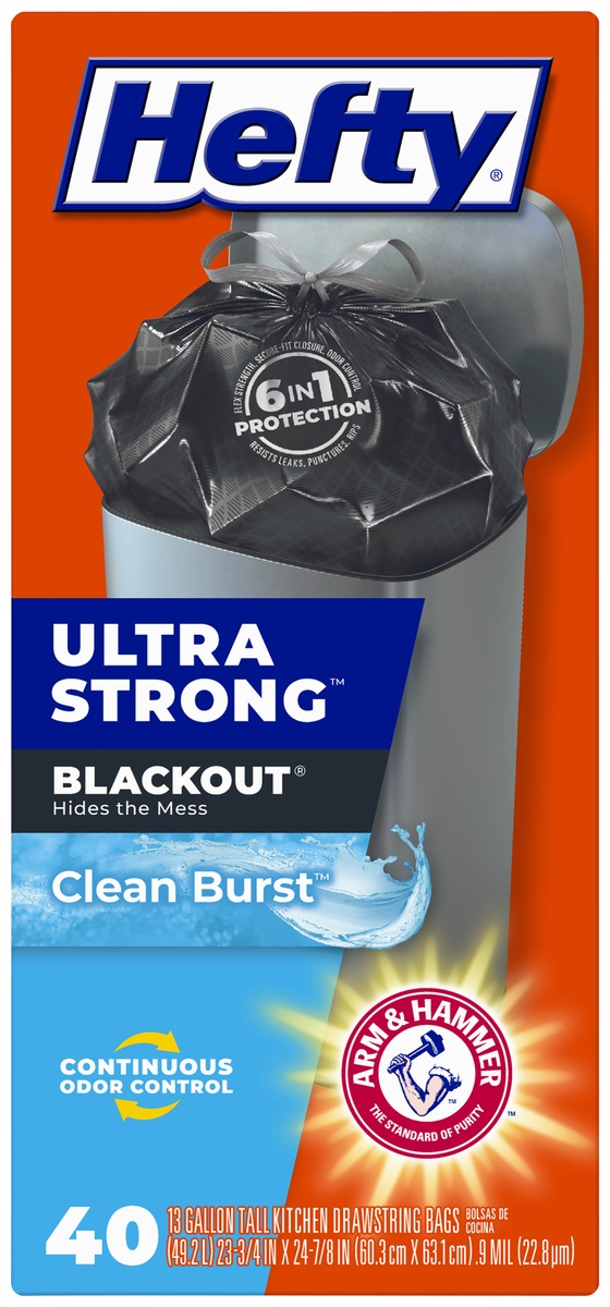 slide 7 of 7, Hefty Blackout Clean Burst 13 Gallon Tall Kitchen Drawstring Bags 40 Ct Box, 40 ct