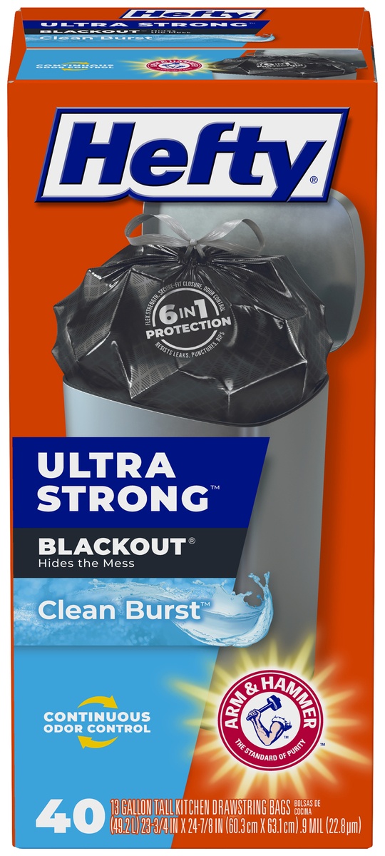 slide 1 of 7, Hefty Blackout Clean Burst 13 Gallon Tall Kitchen Drawstring Bags 40 Ct Box, 40 ct