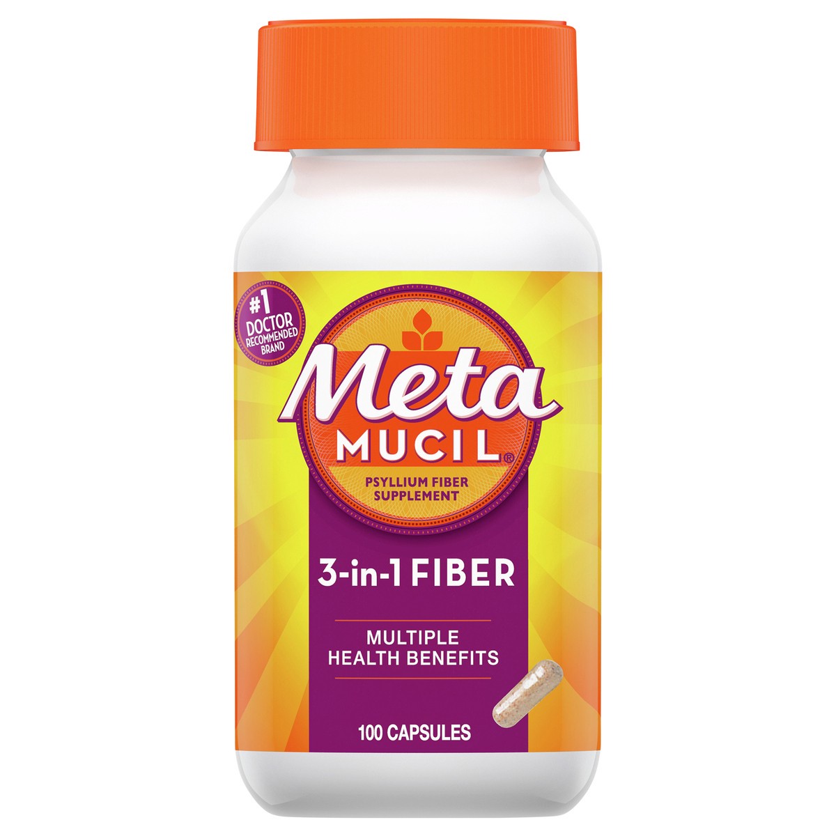 slide 1 of 1, Metamucil, Daily Psyllium Husk Powder Supplement, 3-in-1 Fiber for Digestive Health, Plant Based Fiber, 100ct Capsules (Pack of 2), 100 ct